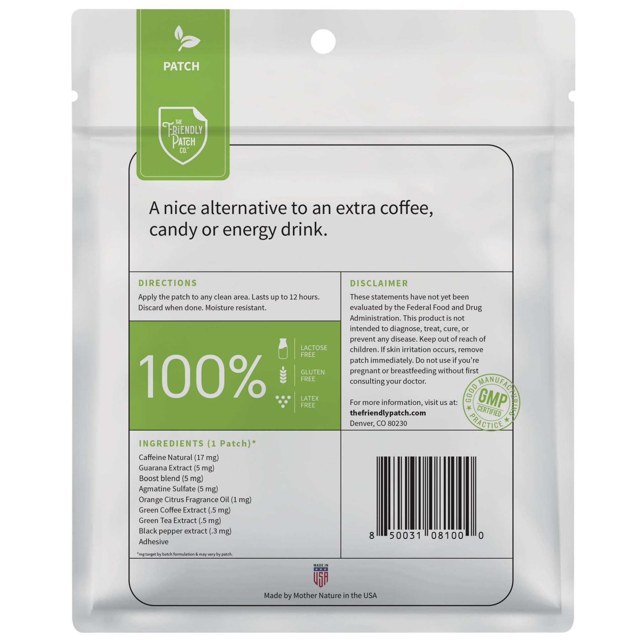 Boost Energy Patches, silver resealable pouch with green label and caffeine patch ingredients listed
