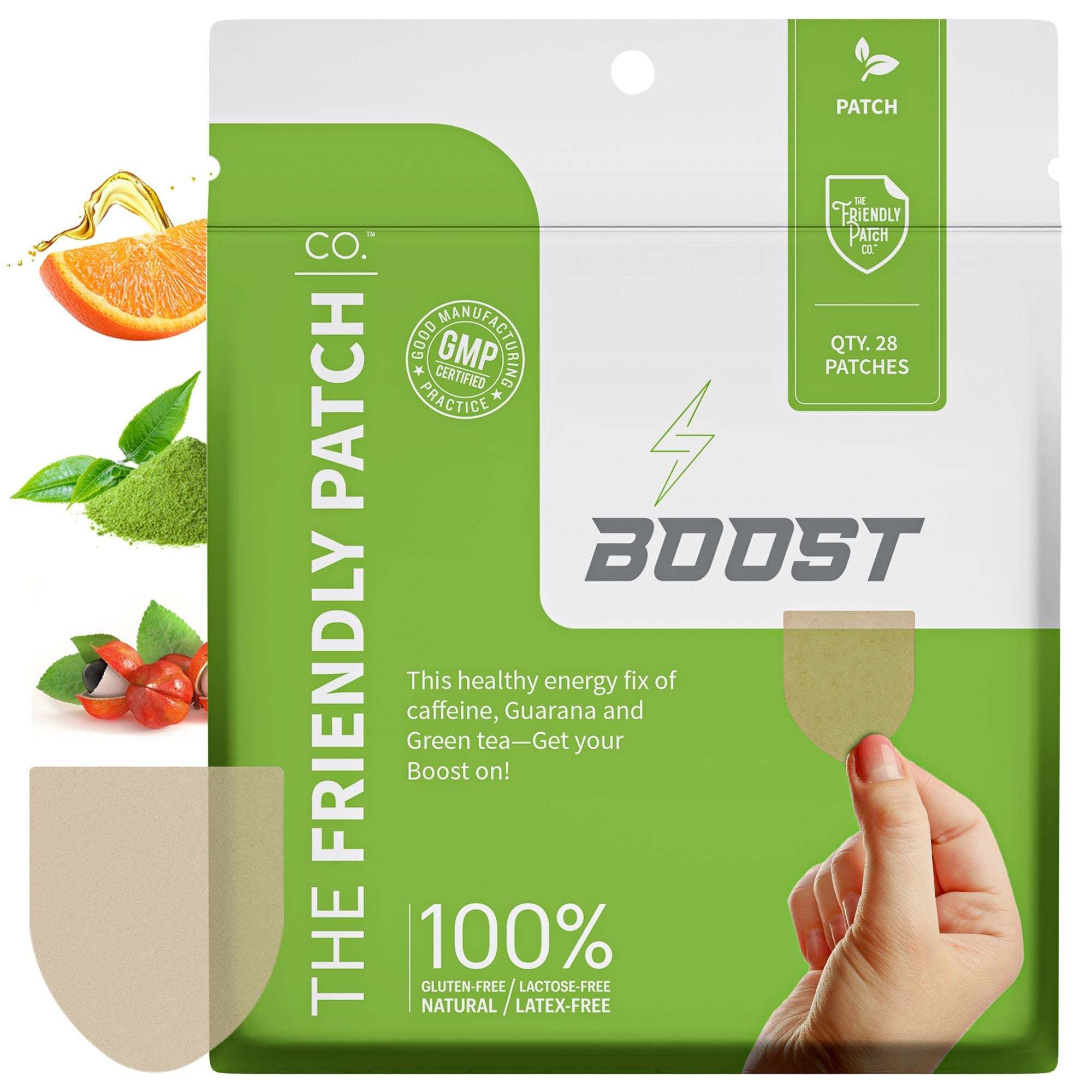 Boost Energy Patches pack with green and white packaging, featuring a hand holding one beige adhesive patch and fruit imagery