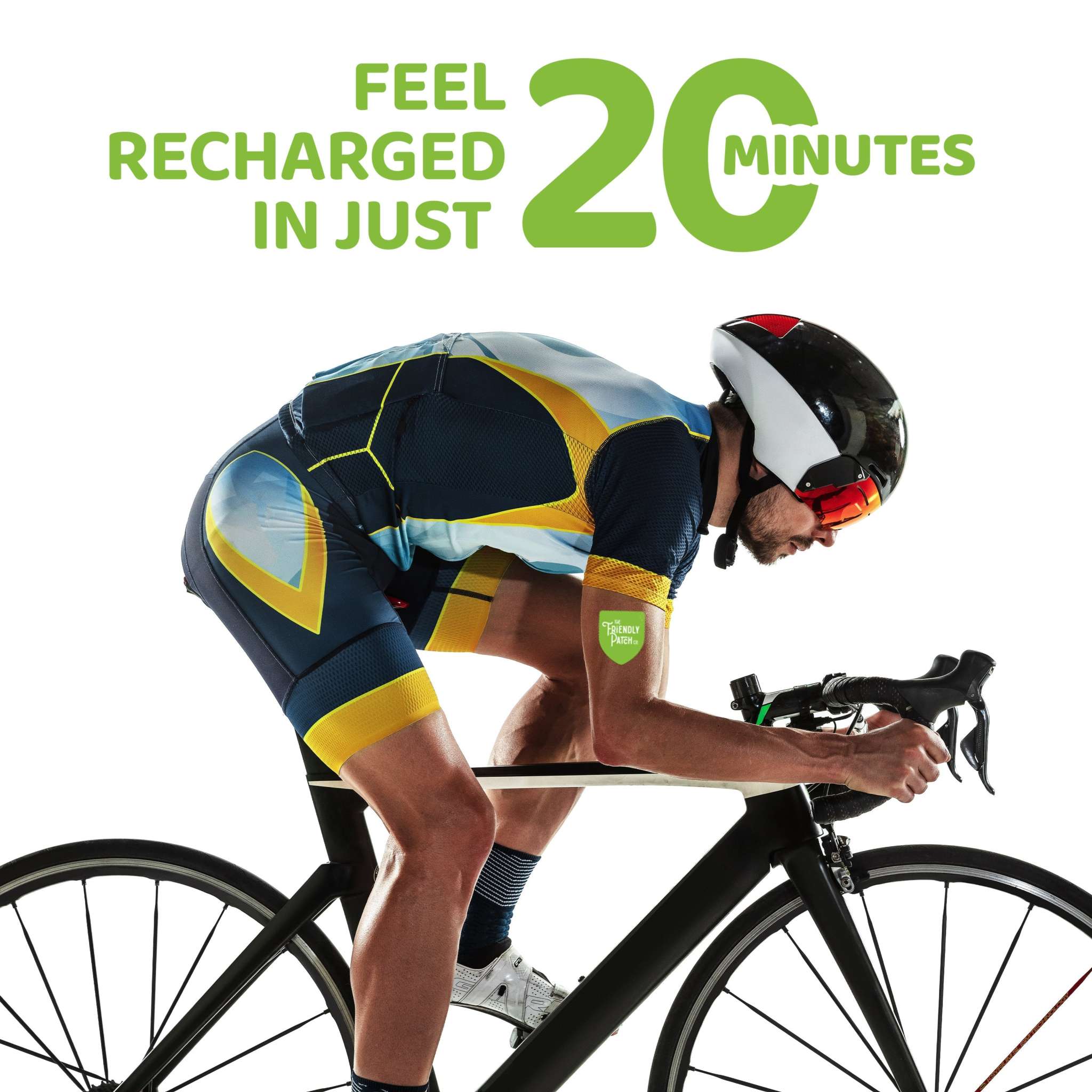 Boost Energy Patches featuring a cyclist in a navy, yellow and teal cycling kit with a bicycle and 20-minute recharge message