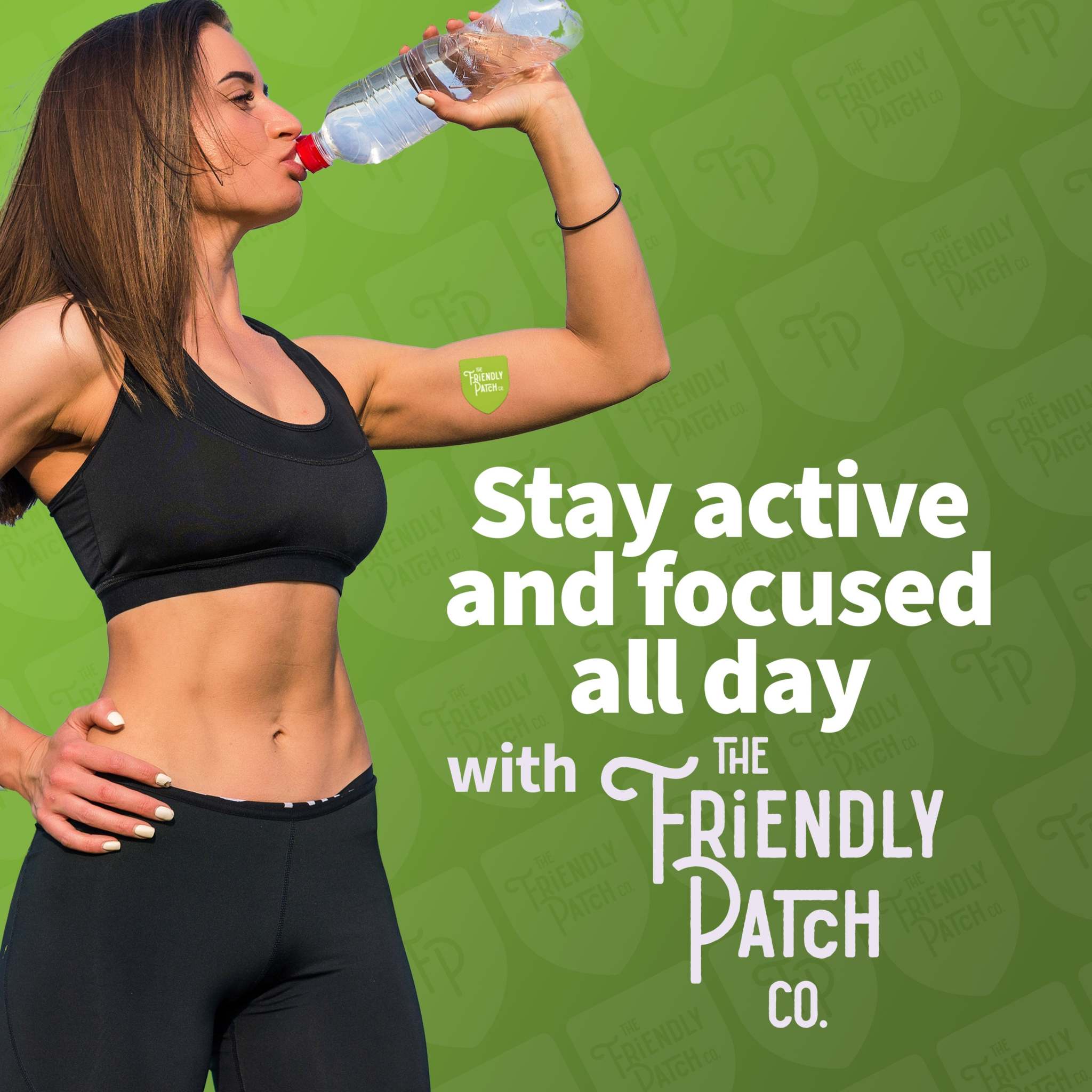 Boost Energy Patches featuring a small green patch on an athlete’s upper arm, with The Friendly Patch branding