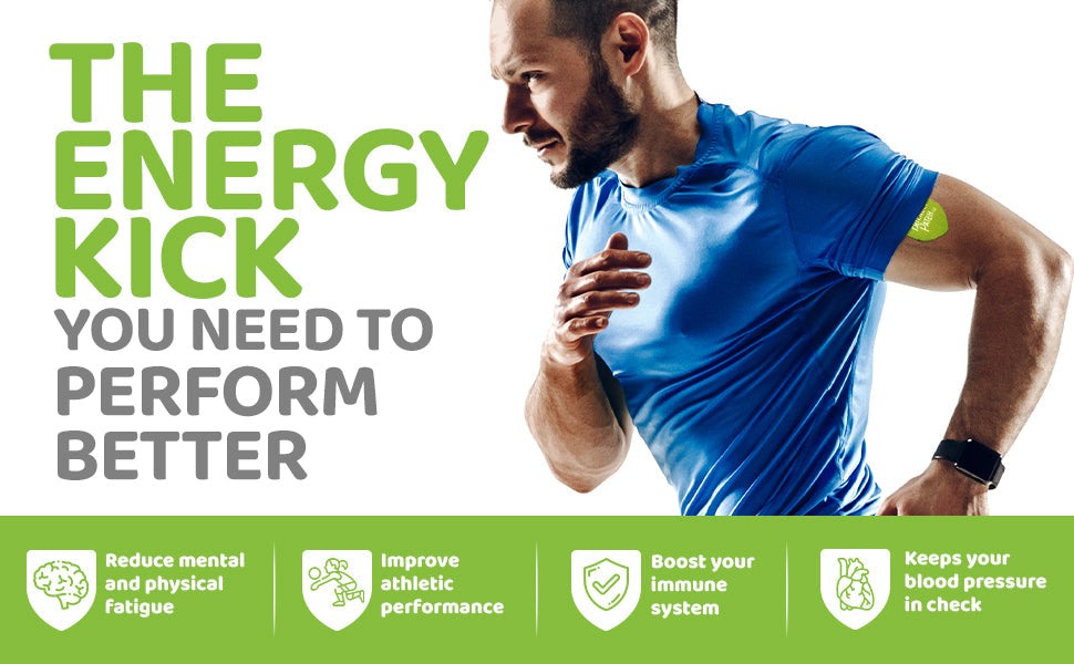 Boost Energy Patches green wearable patch shown on athlete's upper arm with energy kick performance graphic