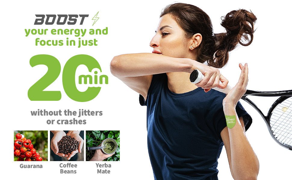Boost Energy Patches green adhesive patch shown on an active woman, with guarana, coffee beans and yerba mate images