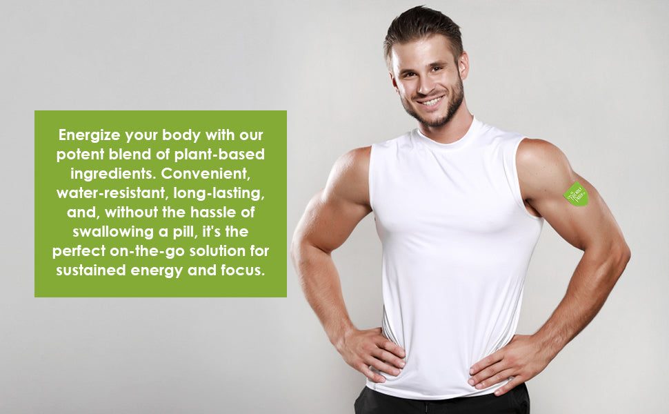 Boost Energy Patches shown as a small green plant-based patch applied to a man's upper arm