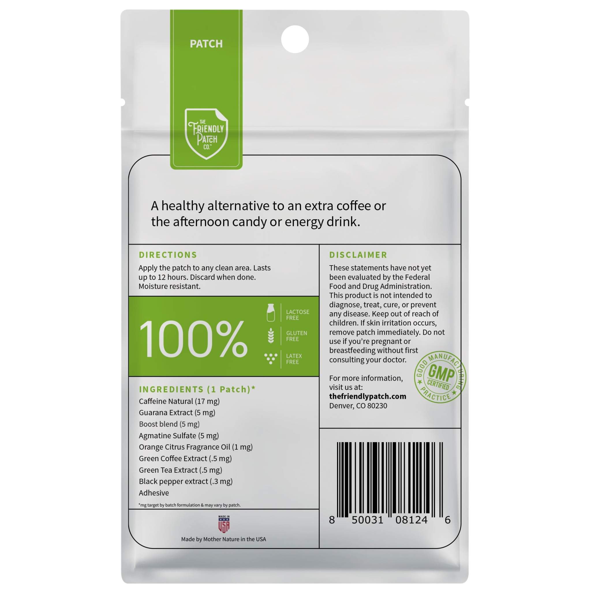 Boost Energy Patches packet with green and silver design, 100% plant-powered label, and ingredient details