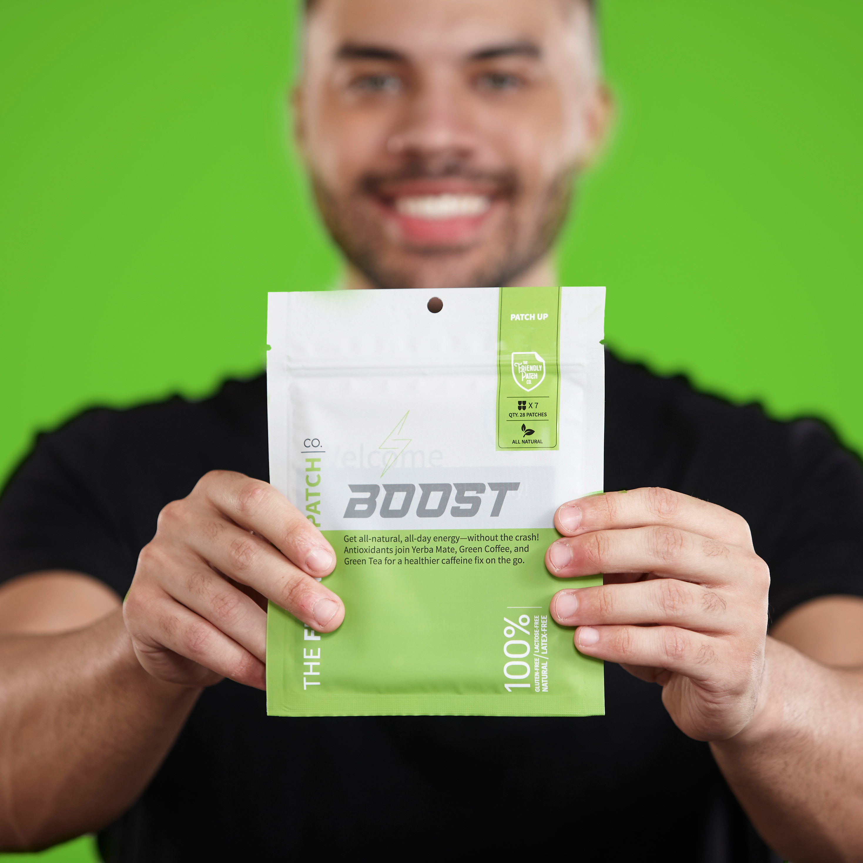 Boost Energy Patches in a green and white resealable pouch with BOOST branding and 28 patches