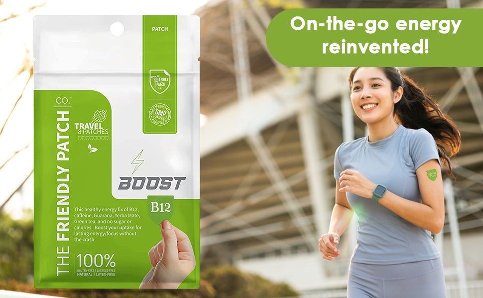 Boost Energy Patches green and white B12 patch packaging with an 8-patch pack and plant-powered formula