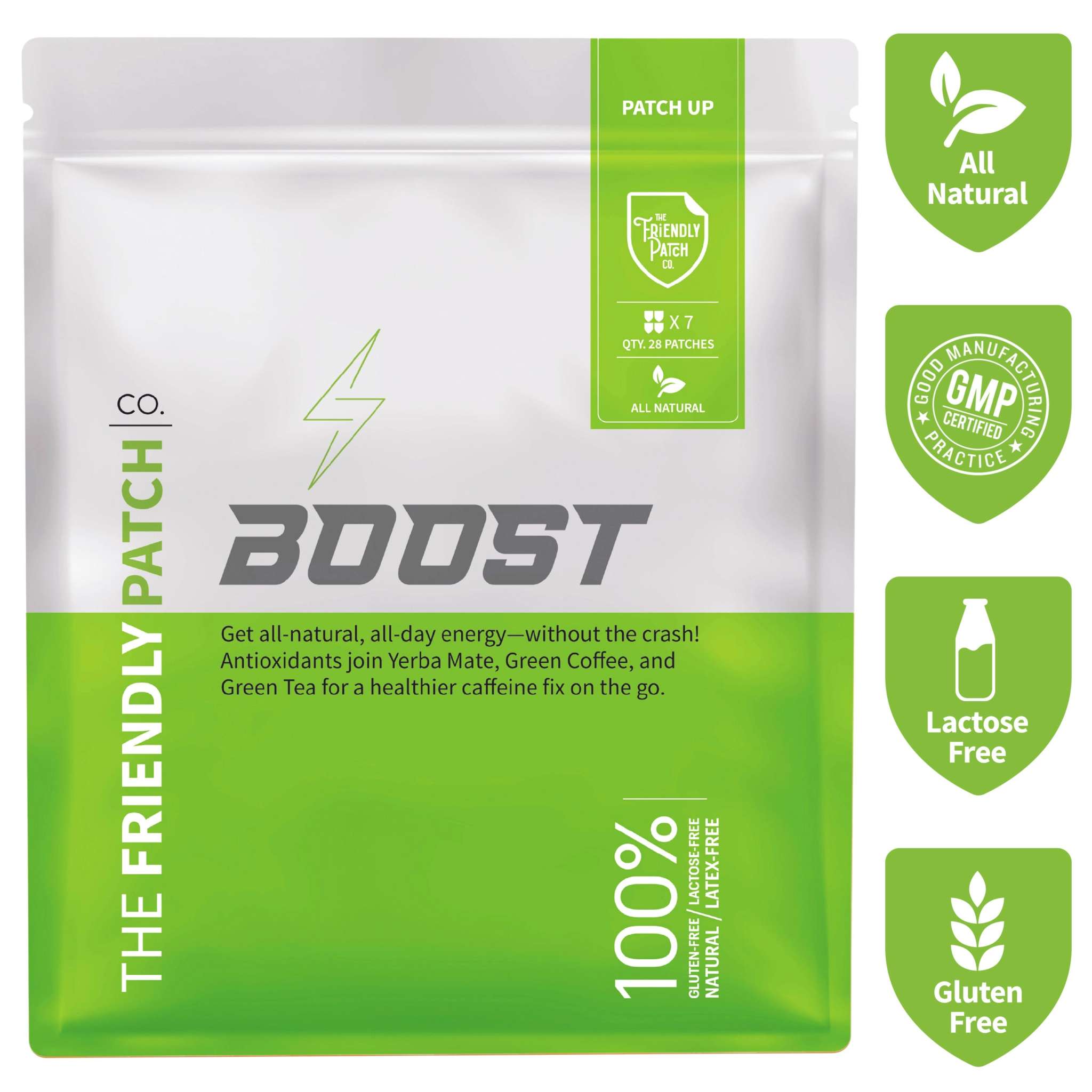 Boost Energy Patches in a green and white resealable pouch with lightning bolt design and natural energy labeling
