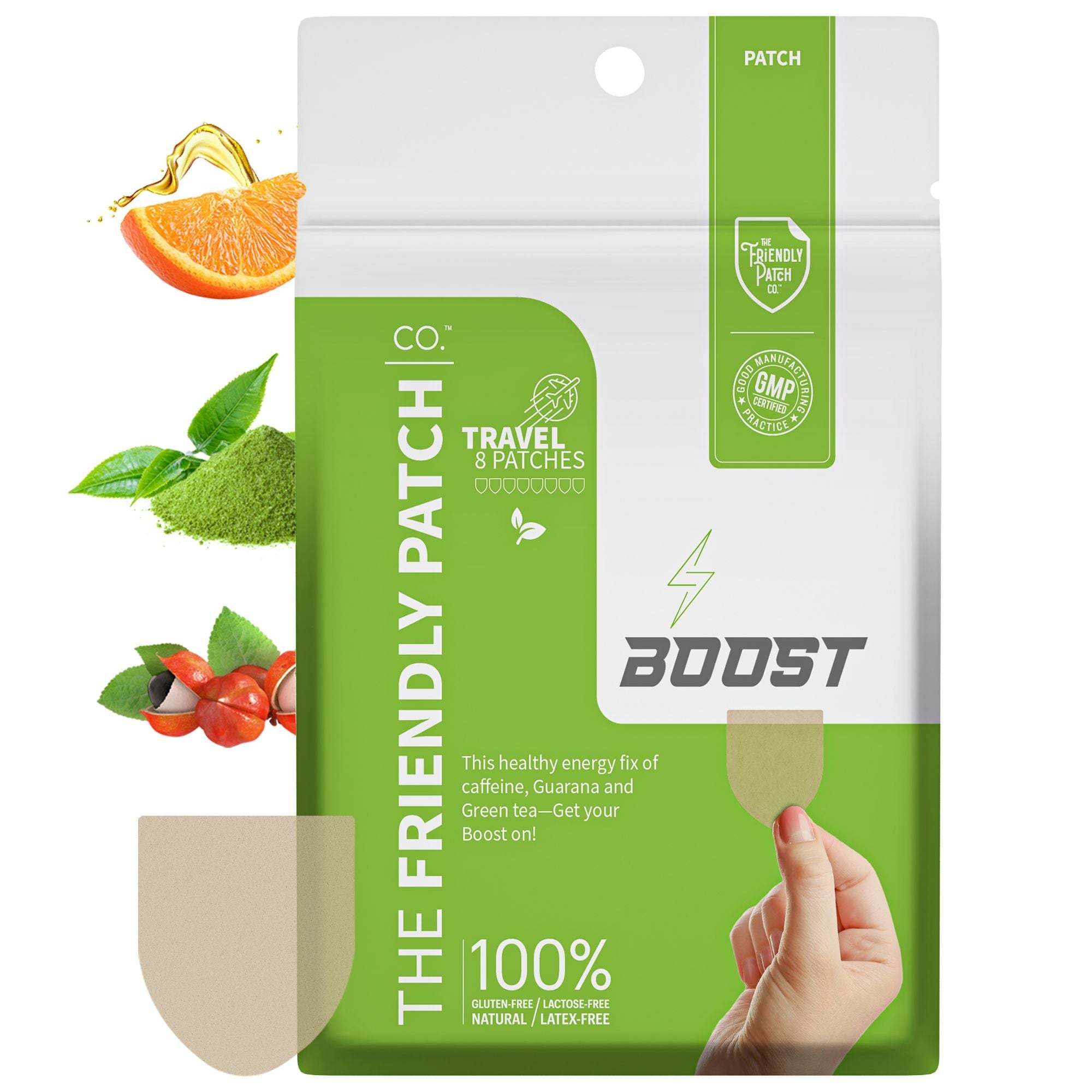 Boost Energy Patches in a green and white pouch with travel patches, botanical ingredients, and hand-applied patch