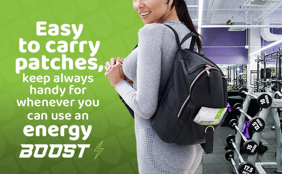 Boost Energy Patches, white adhesive patches with green BOOST branding for convenient energy support and portability