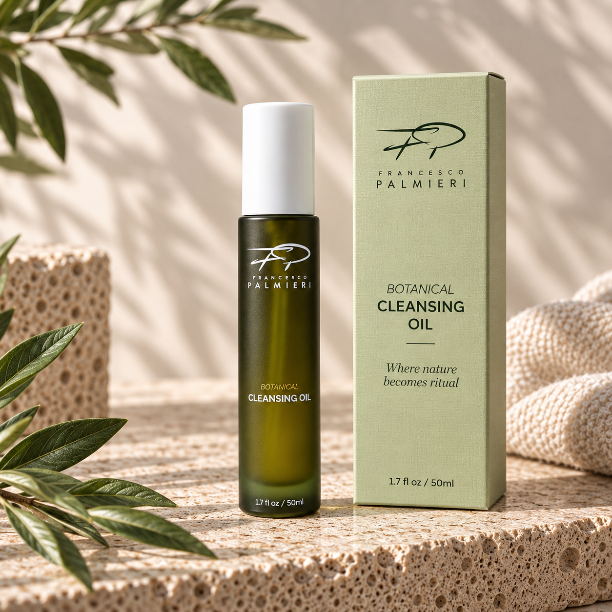Botanical Cleansing Oil in a dark olive glass bottle with a white cap beside a sage green box with black lettering