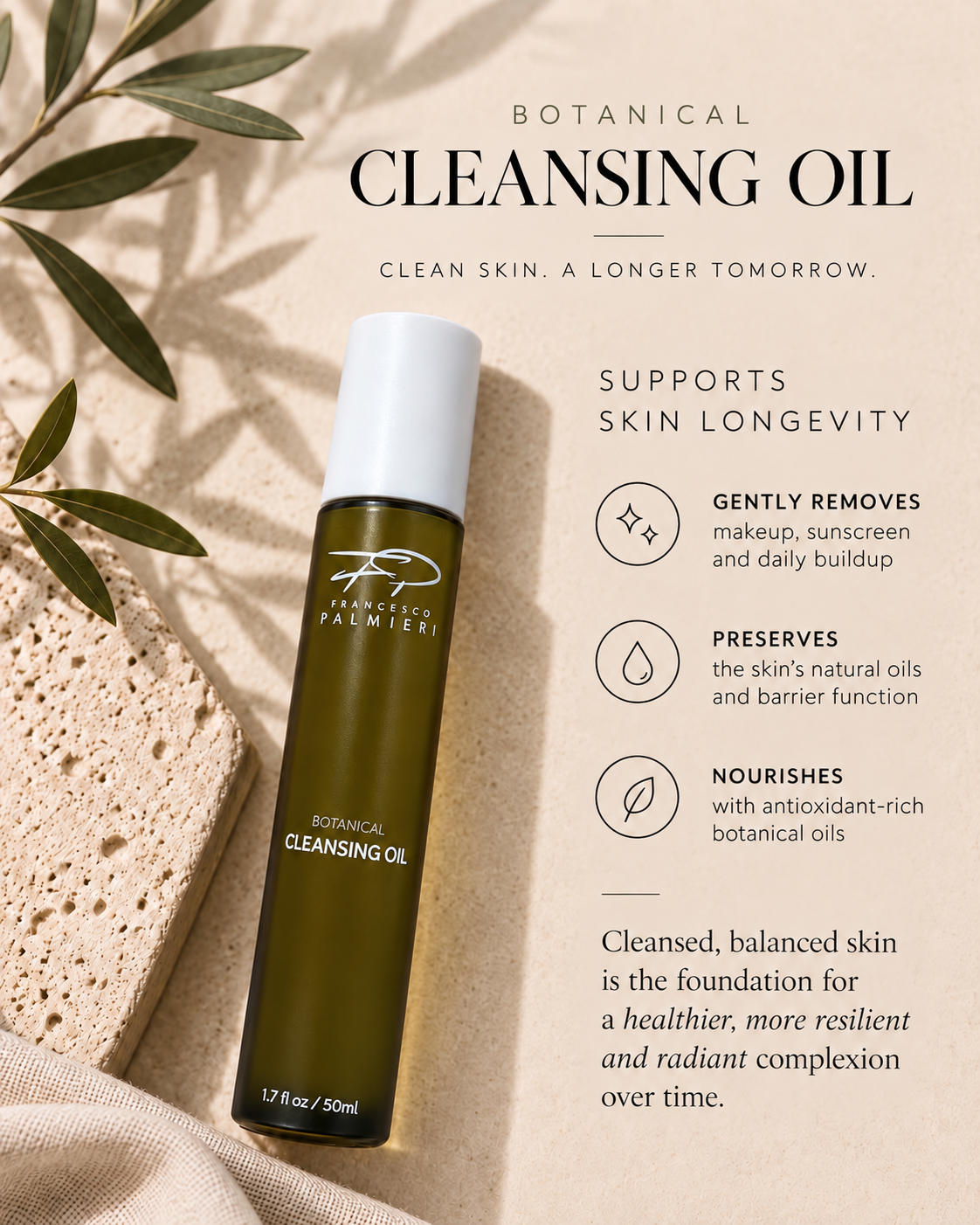 Botanical Cleansing Oil in an olive-green glass bottle with a white cap and minimalist botanical label