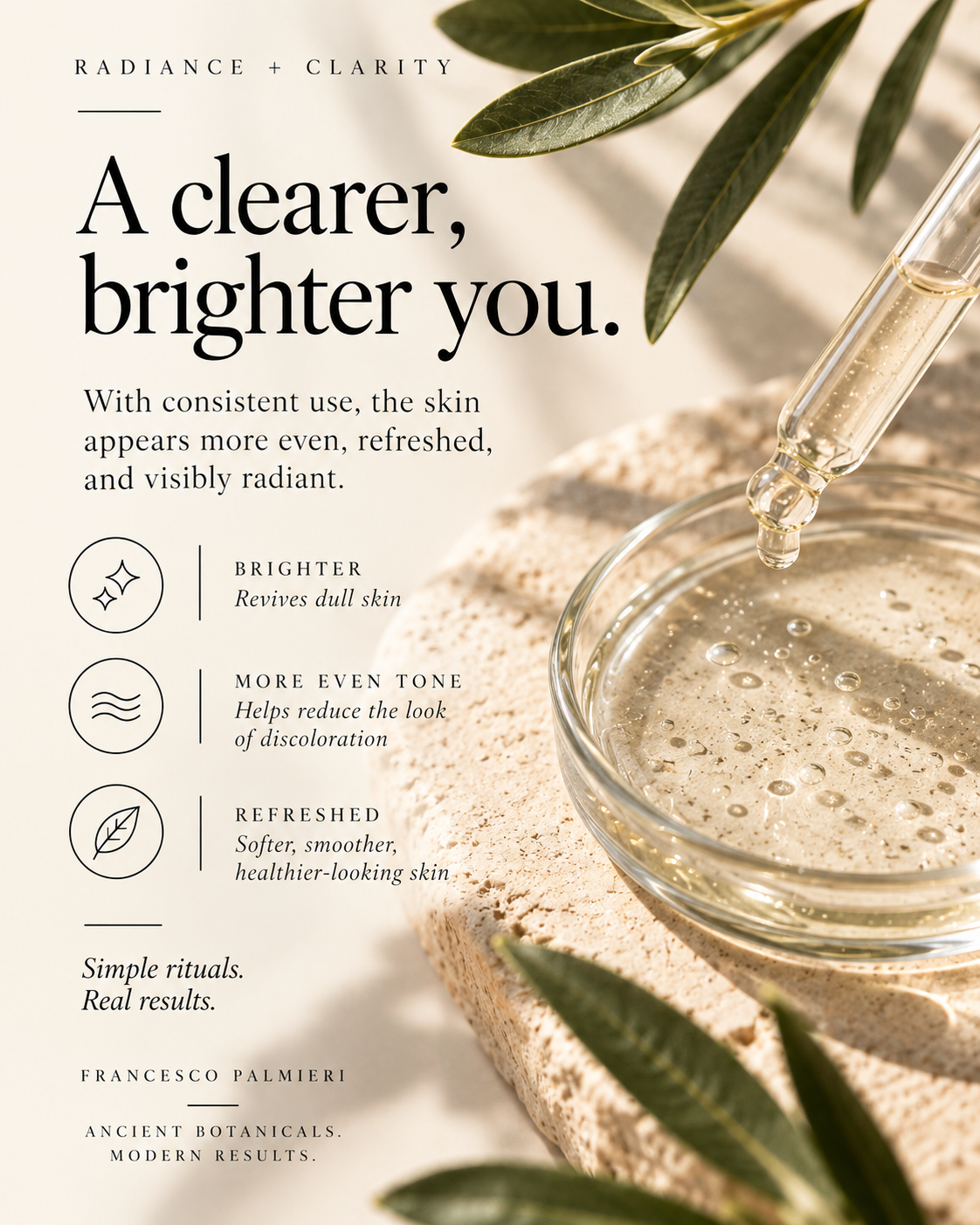 Botanical Day Serum with a clear, golden gel texture, shown beside a glass dropper and green botanical leaves