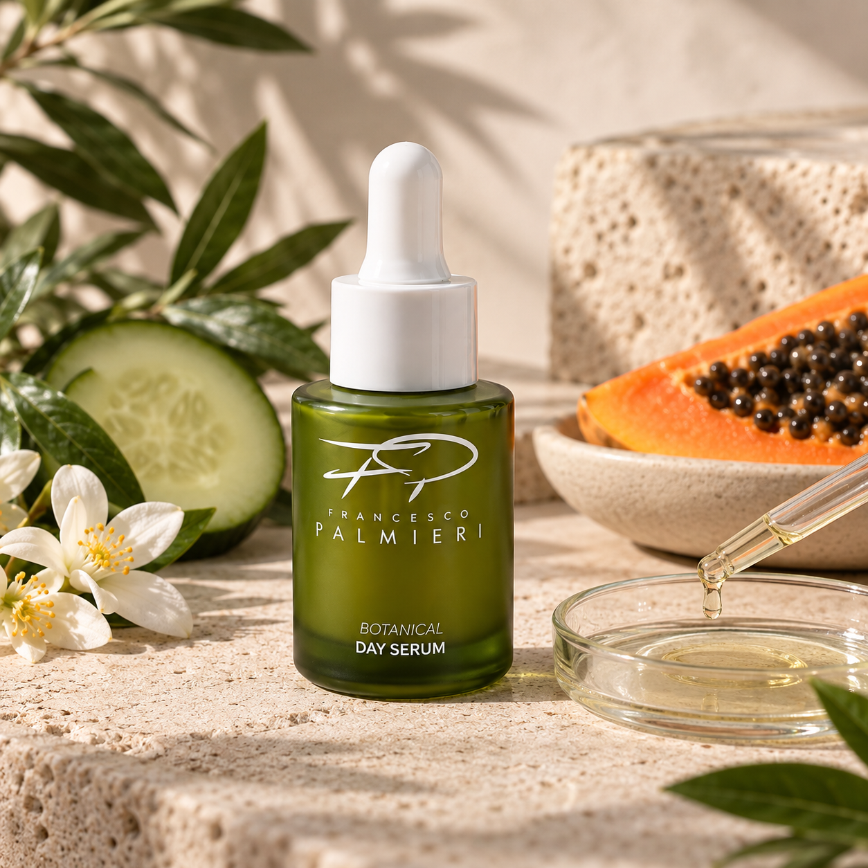 Botanical Day Serum in a green glass dropper bottle with a white cap and botanical label
