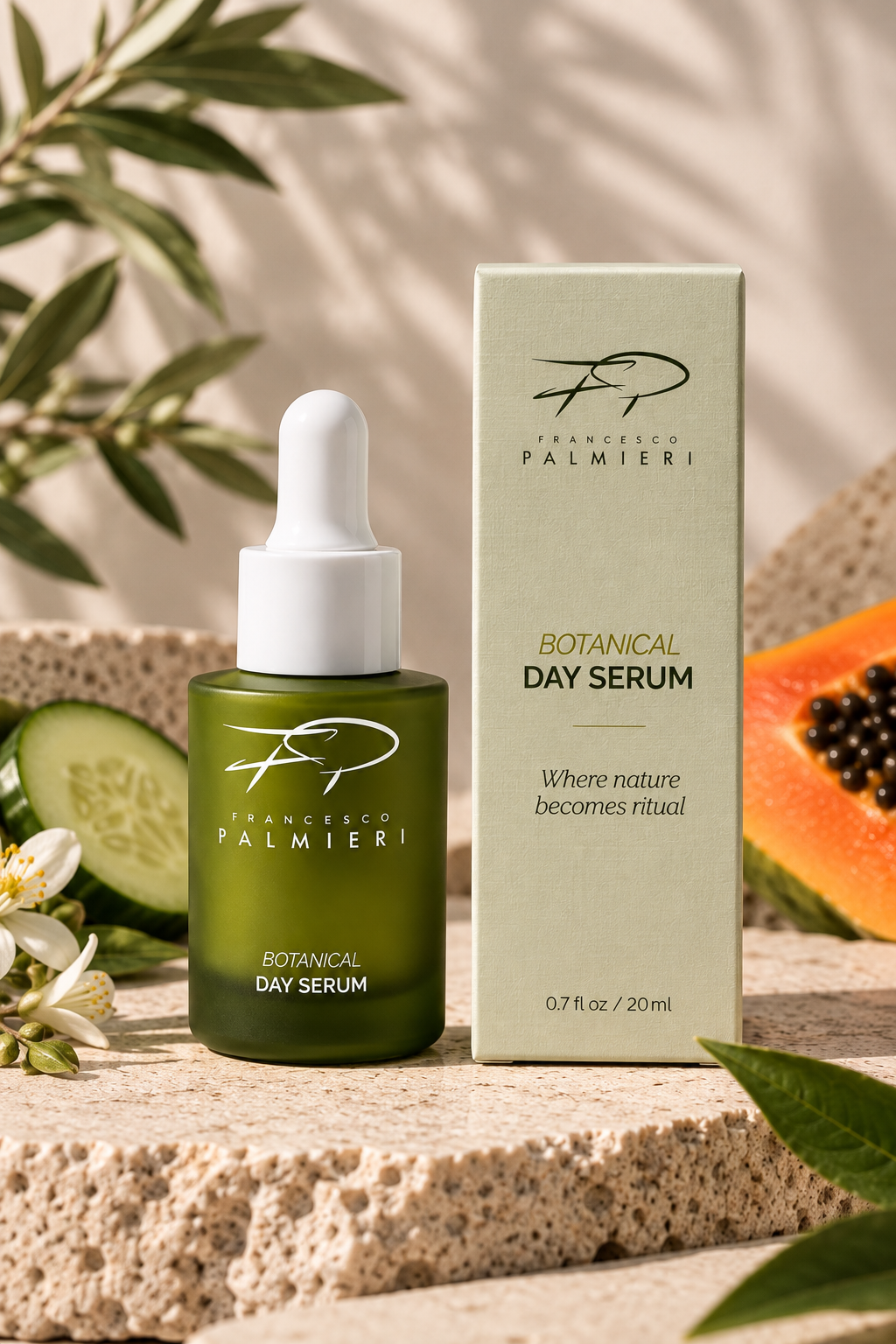 Botanical Day Serum in a dark olive glass dropper bottle with a white pipette and matching pale green carton