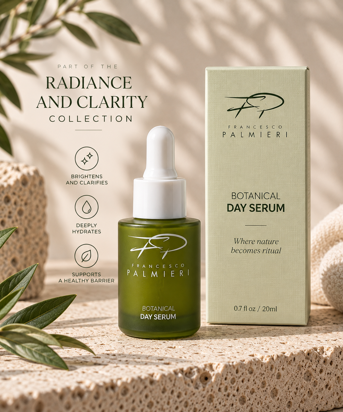 Botanical Day Serum in an olive-green glass dropper bottle with a white pipette and matching cream botanical-print box