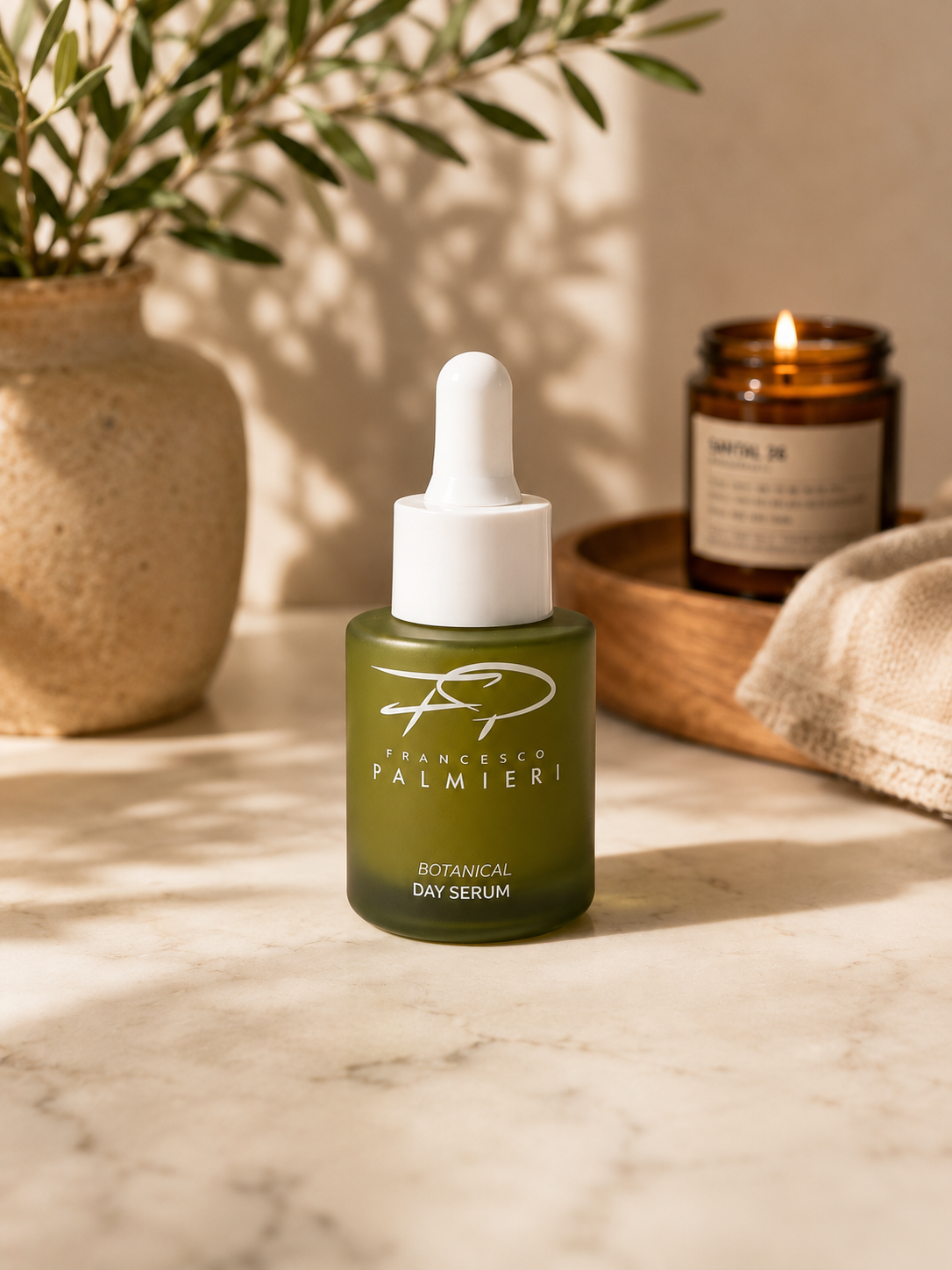 Botanical Day Serum in a translucent olive-green glass dropper bottle with a white cap and minimalist white label