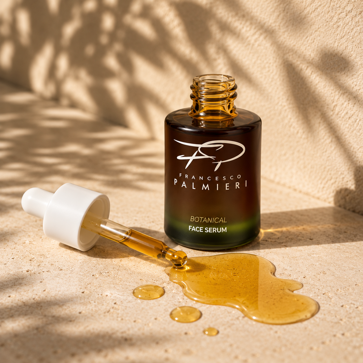 Botanical Face Serum in a dark amber glass bottle with a white dropper, shown with golden oil spilled beside it