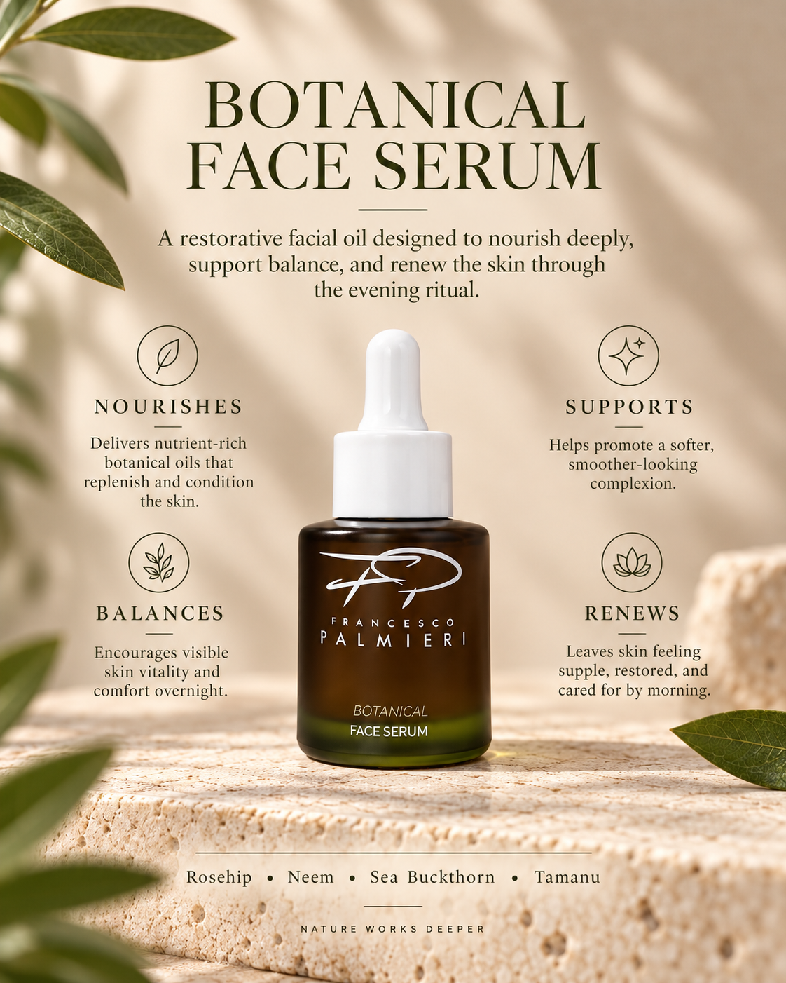 Botanical Face Serum in an amber glass dropper bottle, with a white pipette and dark green oil visible at the base