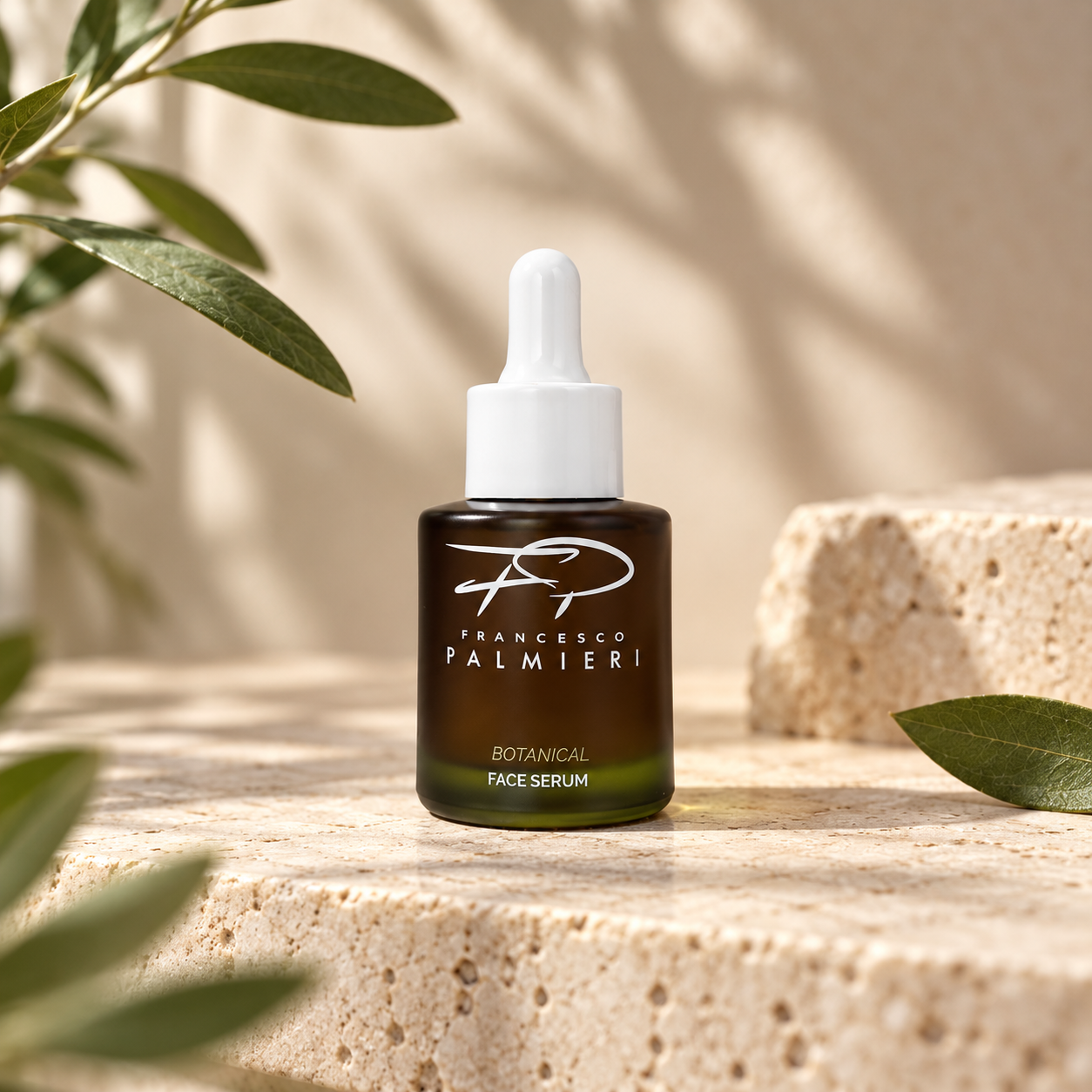 Botanical Face Serum in a dark amber glass bottle with a white dropper cap and minimalist printed label