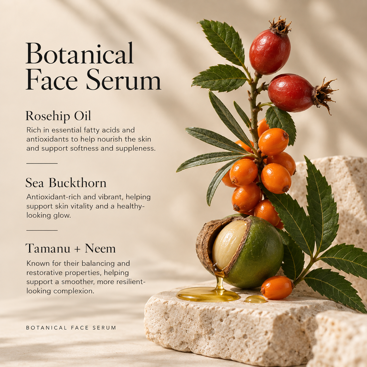 Botanical Face Serum product graphic featuring rosehip, orange sea buckthorn berries, tamanu fruit, and neem leaves