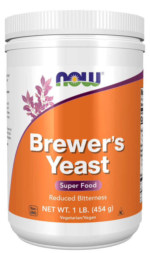 Brewer's Yeast powder in a white plastic jar with an orange and purple label, marked super food and reduced bitterness