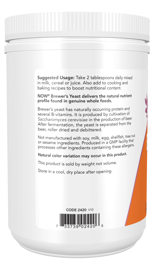 Brewer's Yeast supplement in a white plastic jar with a white screw-top lid and orange label accent