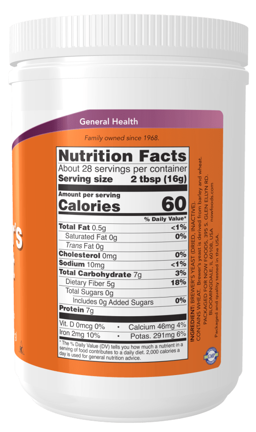 Brewer's Yeast supplement in a white plastic tub with an orange label and prominent Nutrition Facts panel