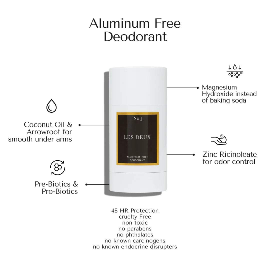 Brume Ardente Aluminum Free Deodorant in a white stick container with black and gold label and ingredient icons around it