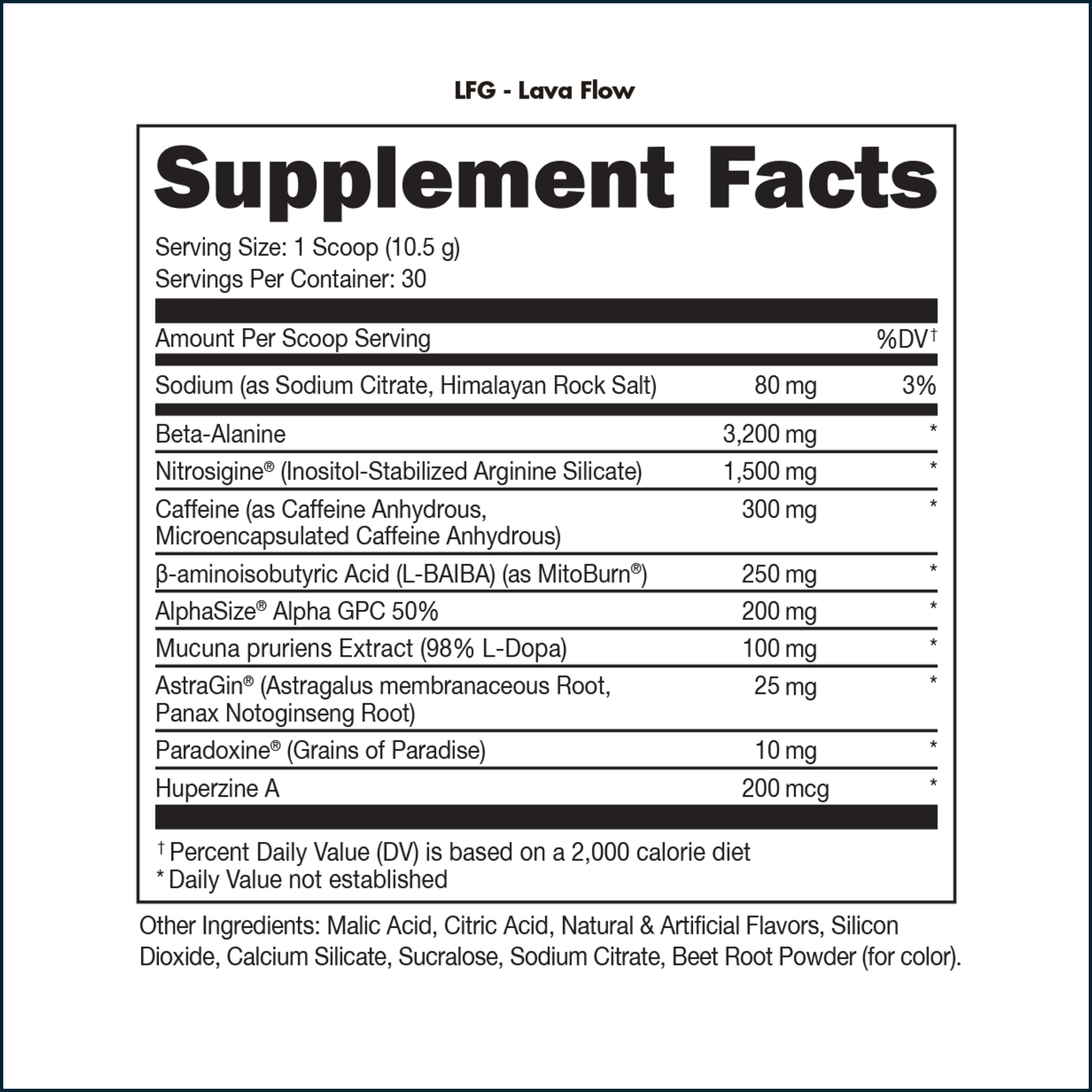 Bucked Up LFG Burn supplement facts label in black and white, listing 30 servings and 300 mg caffeine per scoop