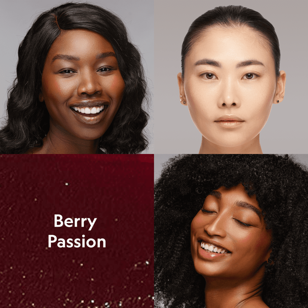 Buildable Cream Blush in Berry Passion, a rich berry shade shown on diverse models with a dewy finish