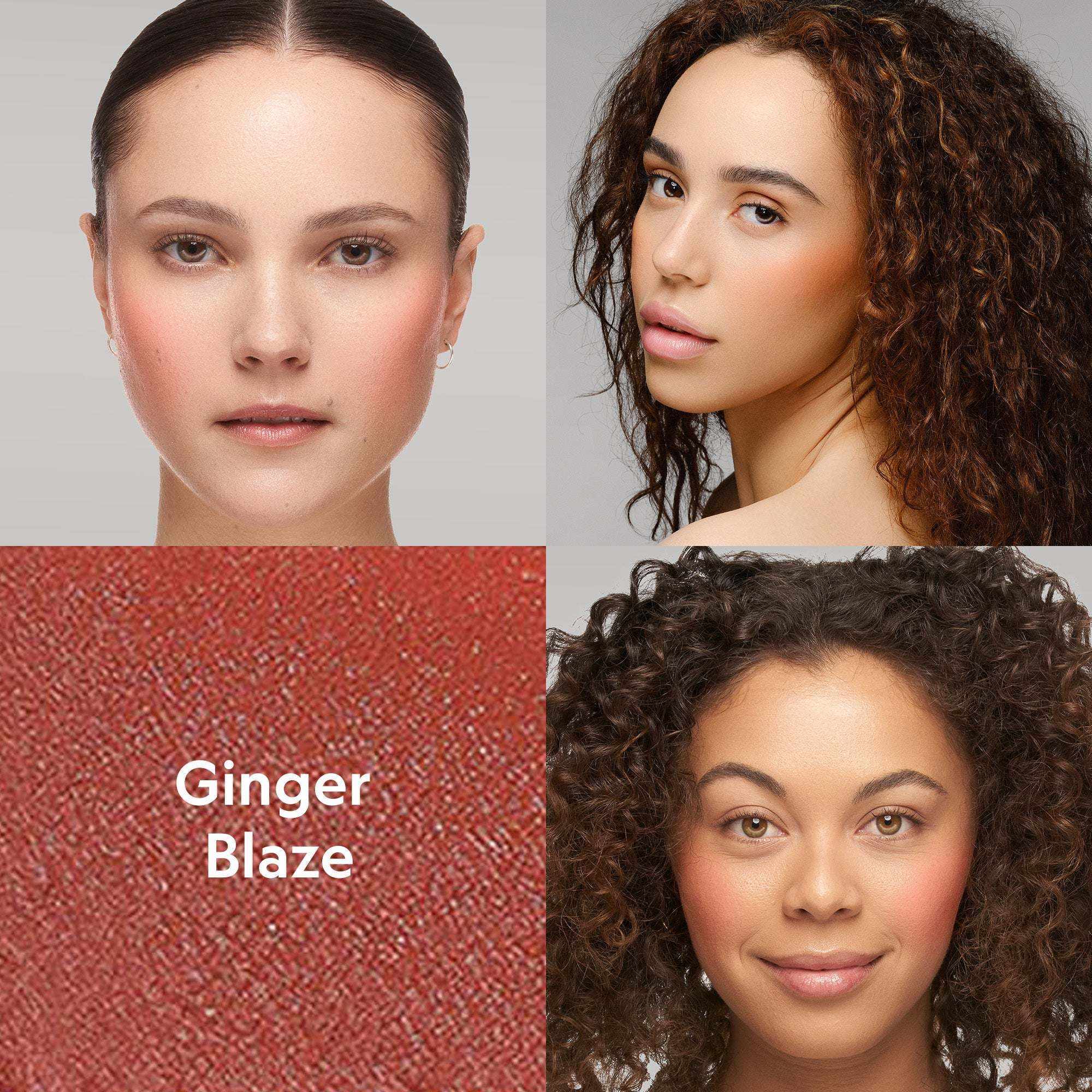 Buildable Cream Blush in Ginger Blaze, a warm terracotta shade shown on three models with a dewy finish