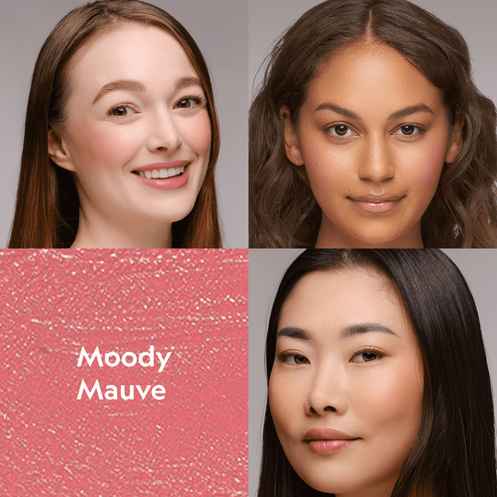 Buildable Cream Blush in moody mauve with a silky cream texture and dewy, radiant finish on diverse skin tones