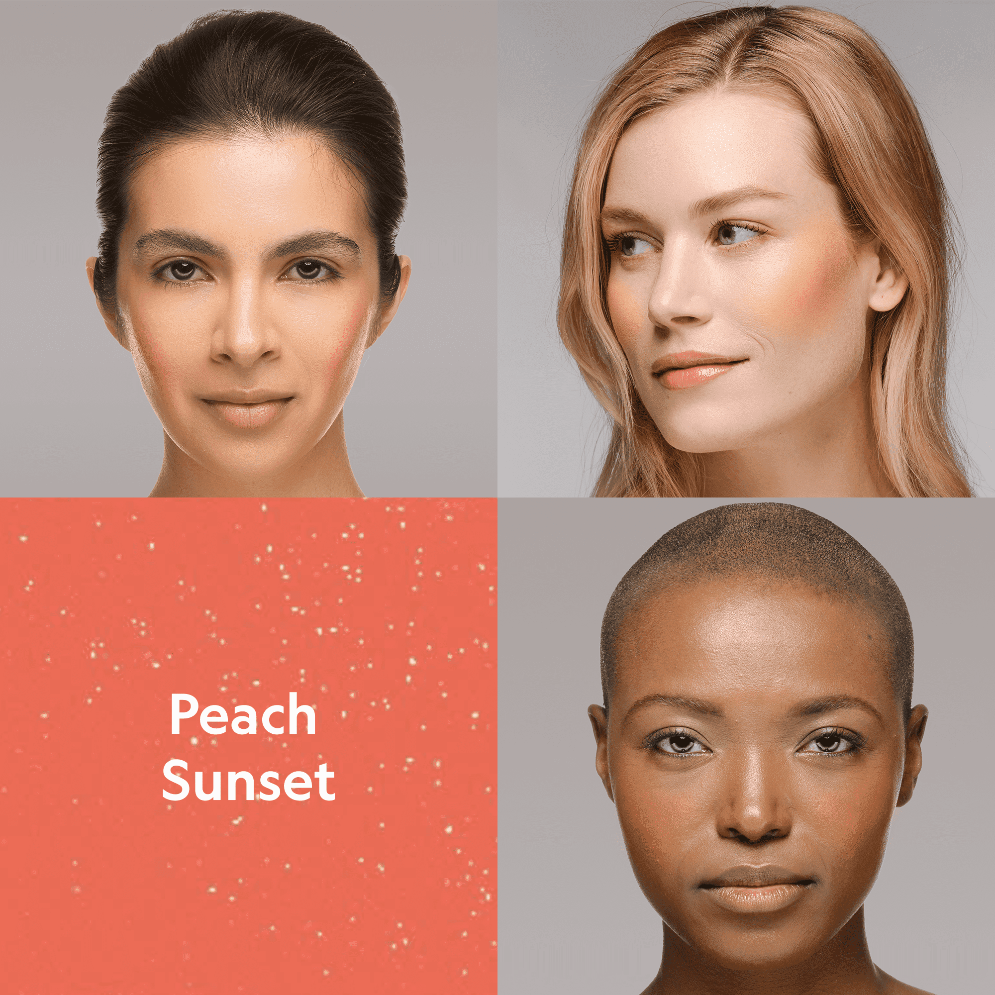 Buildable Cream Blush in Peach Sunset, silky coral cream formula shown on three diverse models with a dewy finish