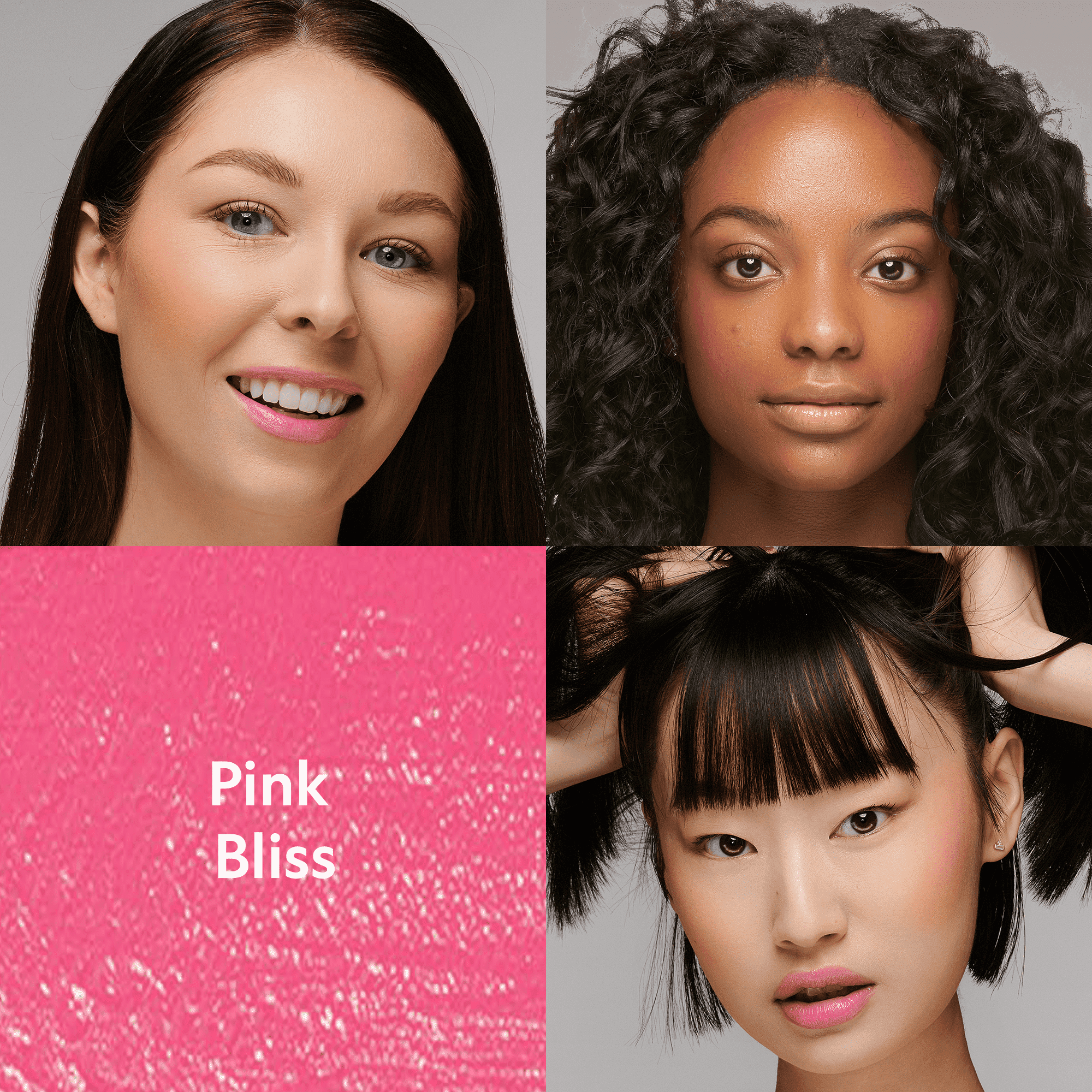 Buildable Cream Blush in Pink Bliss, shown as a rosy pink shade on three diverse faces with a dewy finish