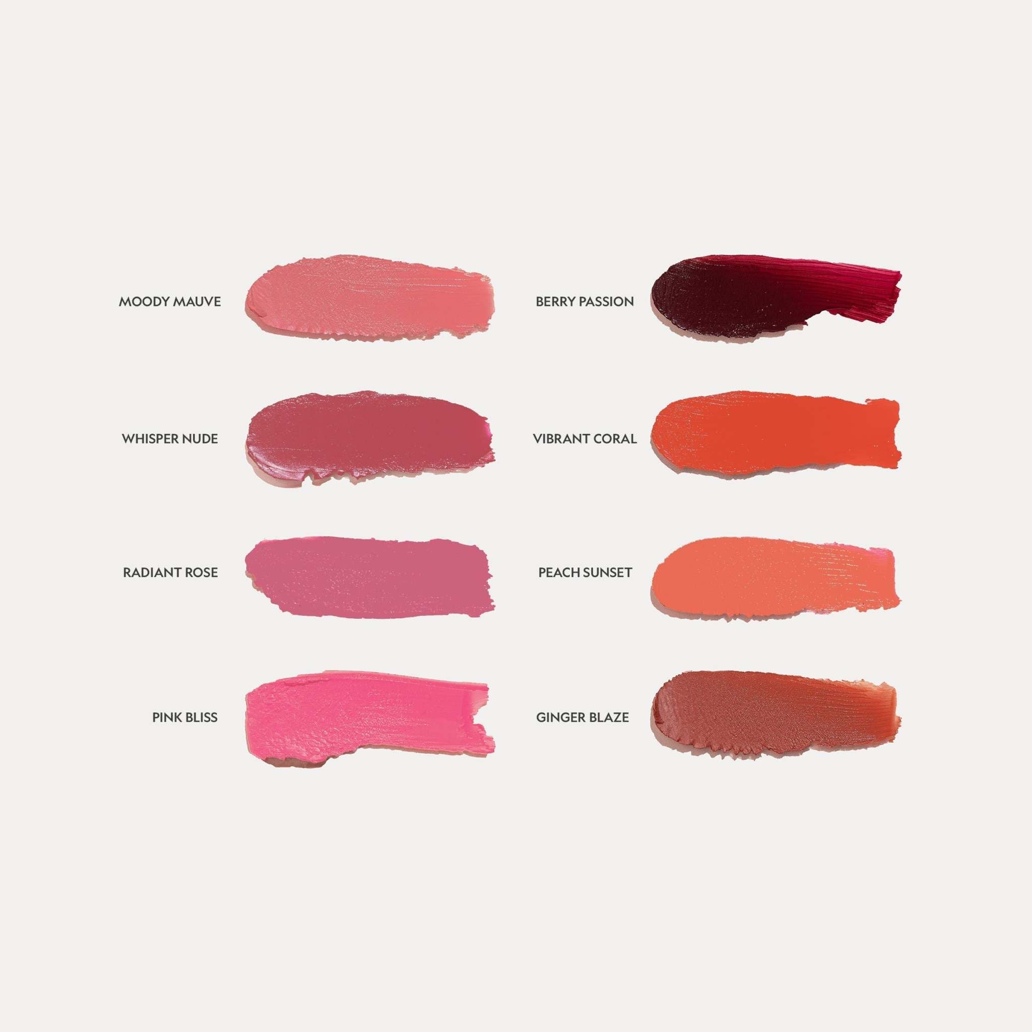 Buildable Cream Blush swatches in eight shades, including mauve, berry, coral, rose, peach, pink, and ginger tones