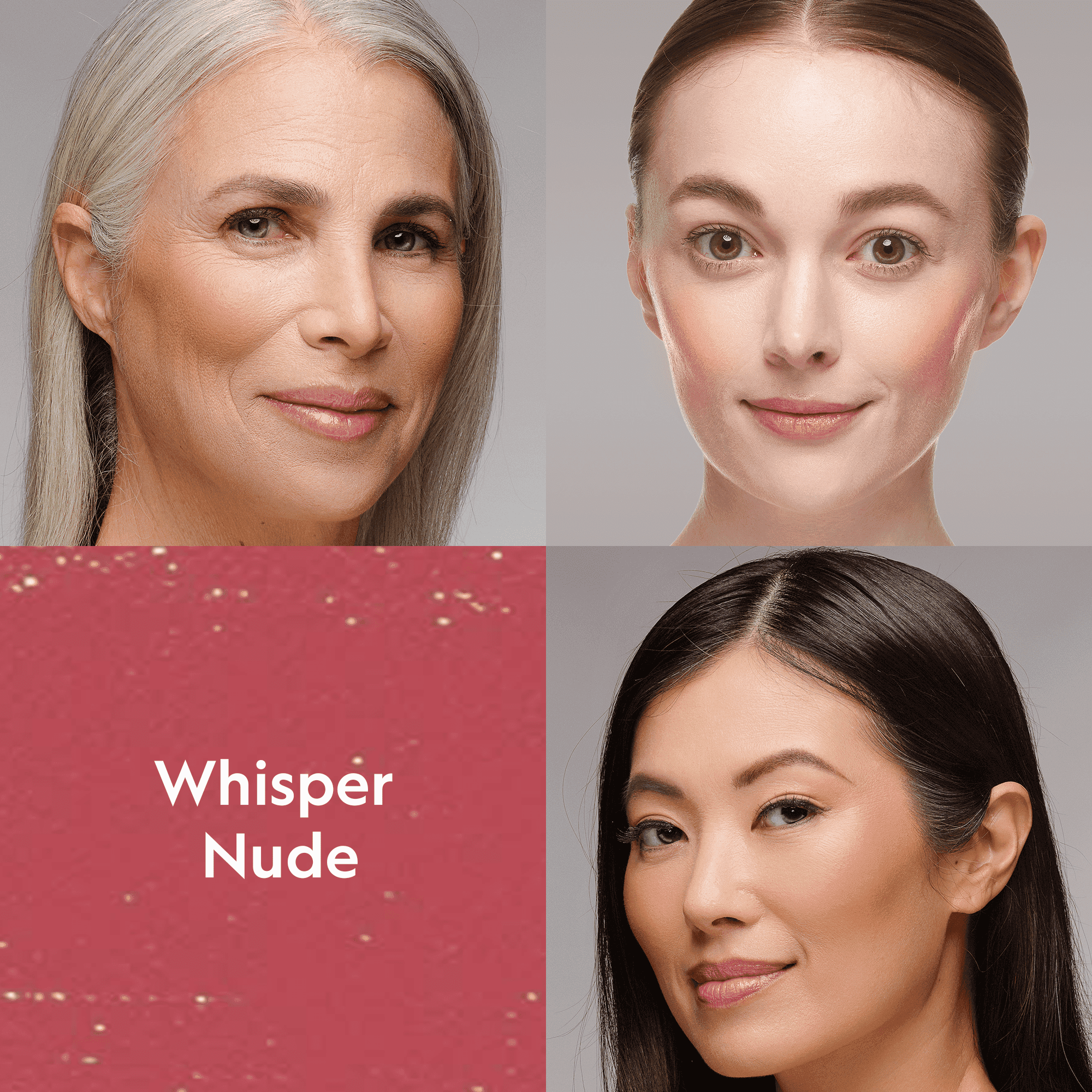 Buildable Cream Blush in Whisper Nude, shown as a rosy cream cheek tint on three diverse complexions
