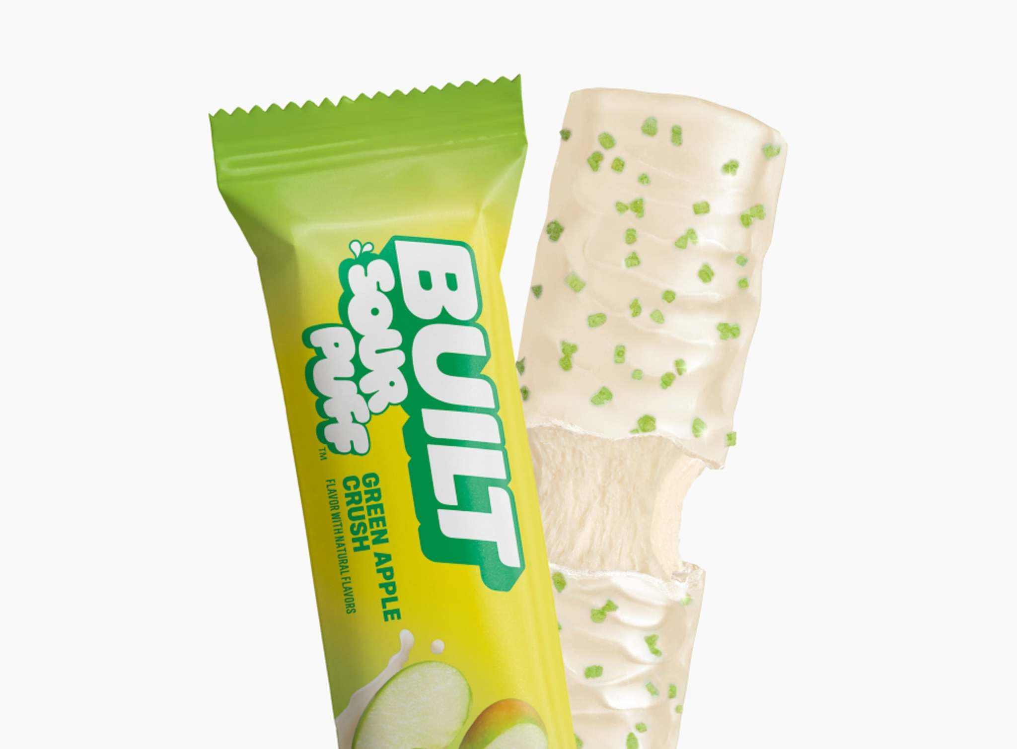 Built Puff Green Apple Crush protein bar with sour puff texture