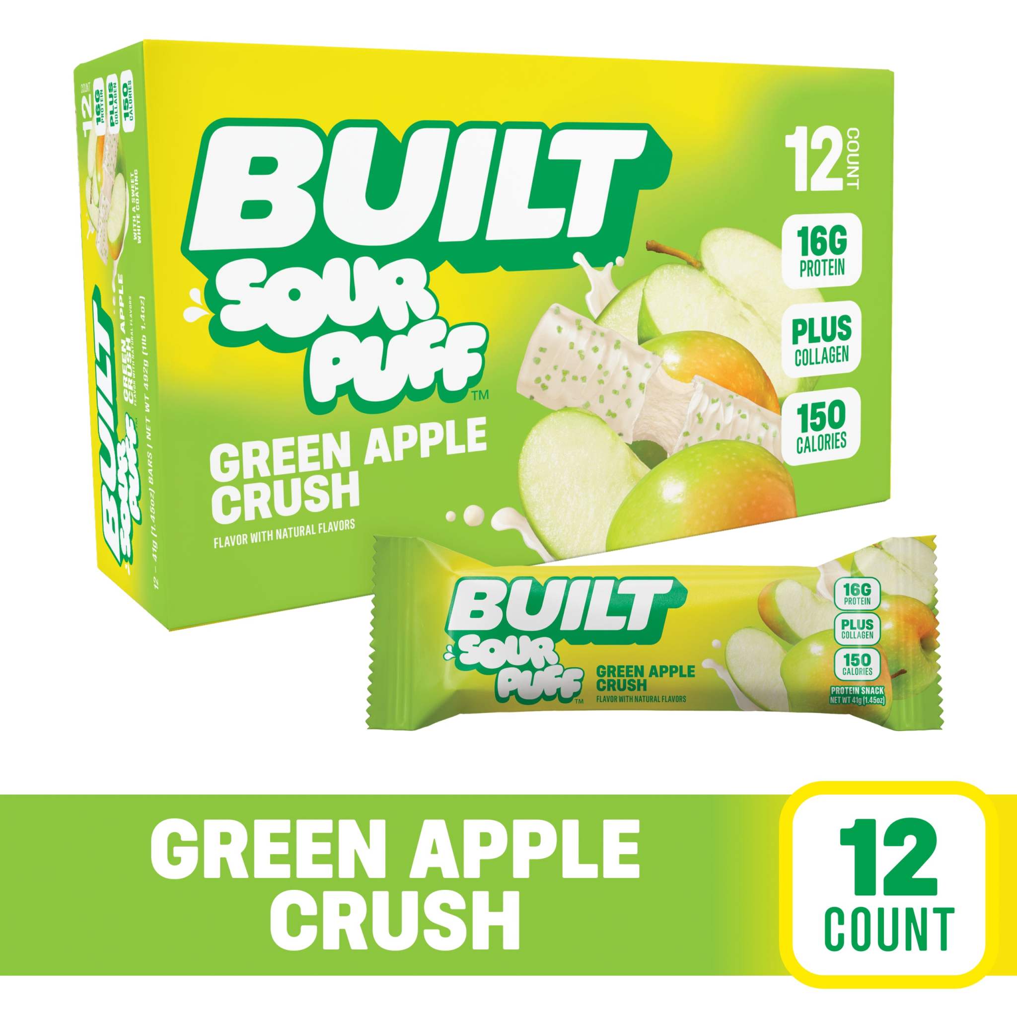 Built puff Green Apple Crush protein bar with sour puff and sugar sprinkles