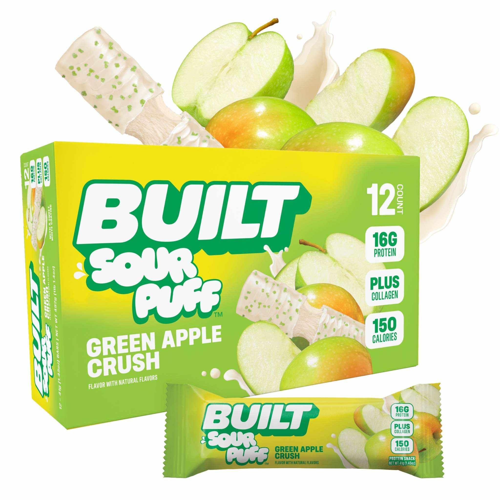 Built puff Green Apple Crush protein bar with crunchy sugar sprinkles