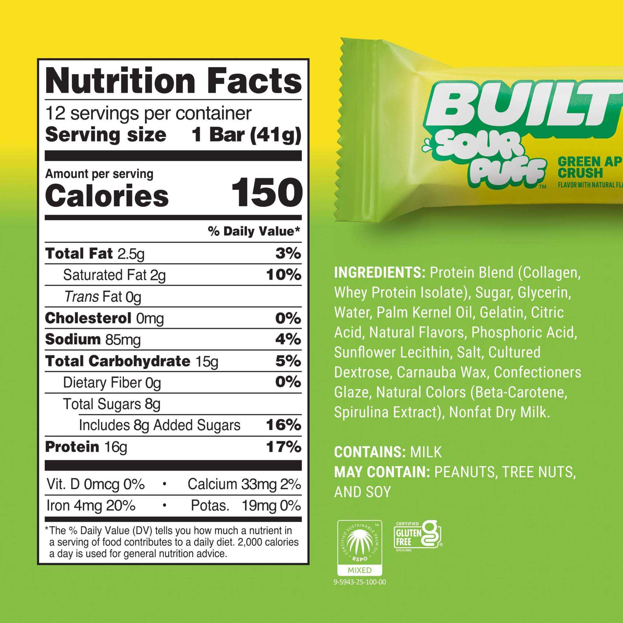 Built Puff Green Apple Crush protein bar with sour puff coating and sugar sprinkles