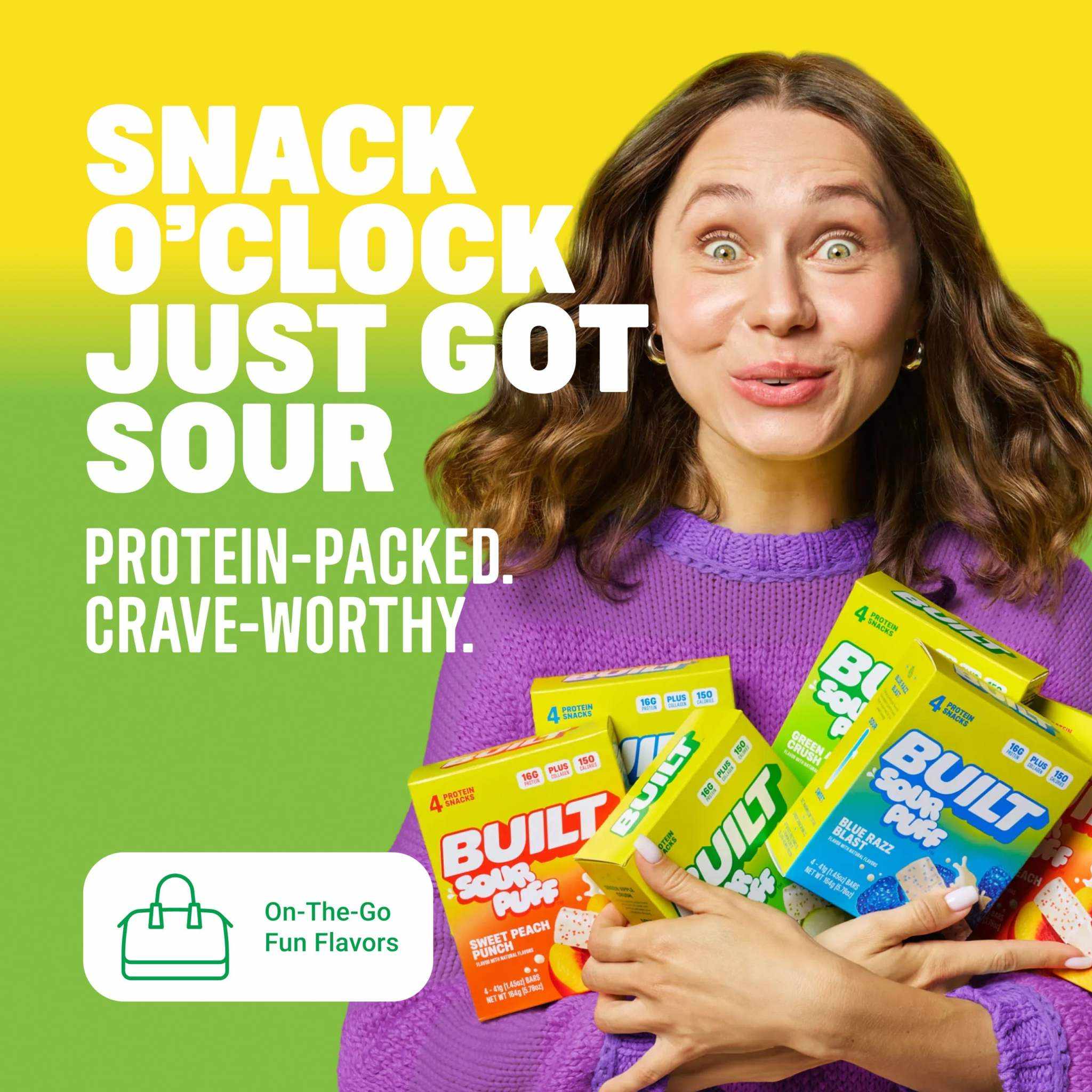 Built Puff Green Apple Crush protein bar with sour puff and crunchy sprinkles