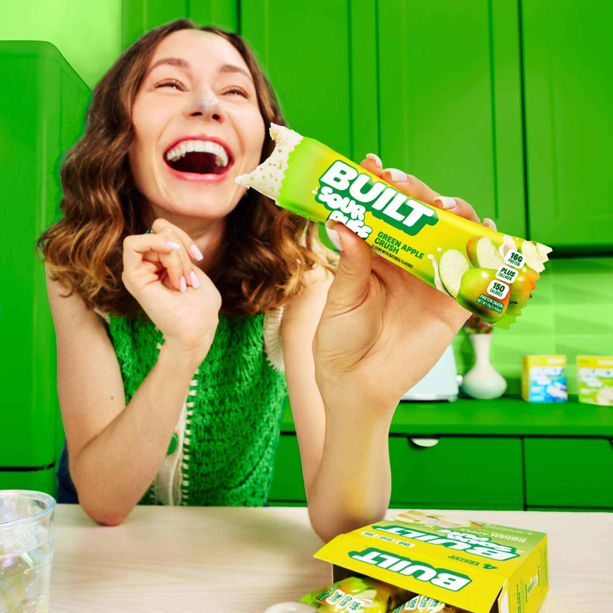 Built Puff Green Apple Crush protein bar with sour puff coating