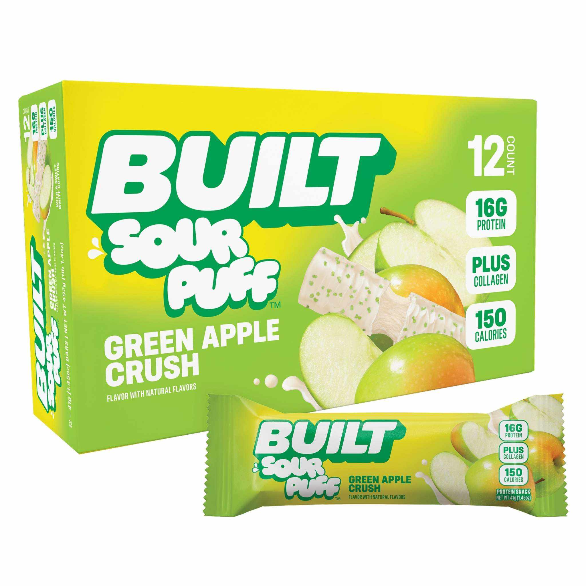 Built Puff Green Apple Crush protein bar with sour apple flavor and sugar sprinkles