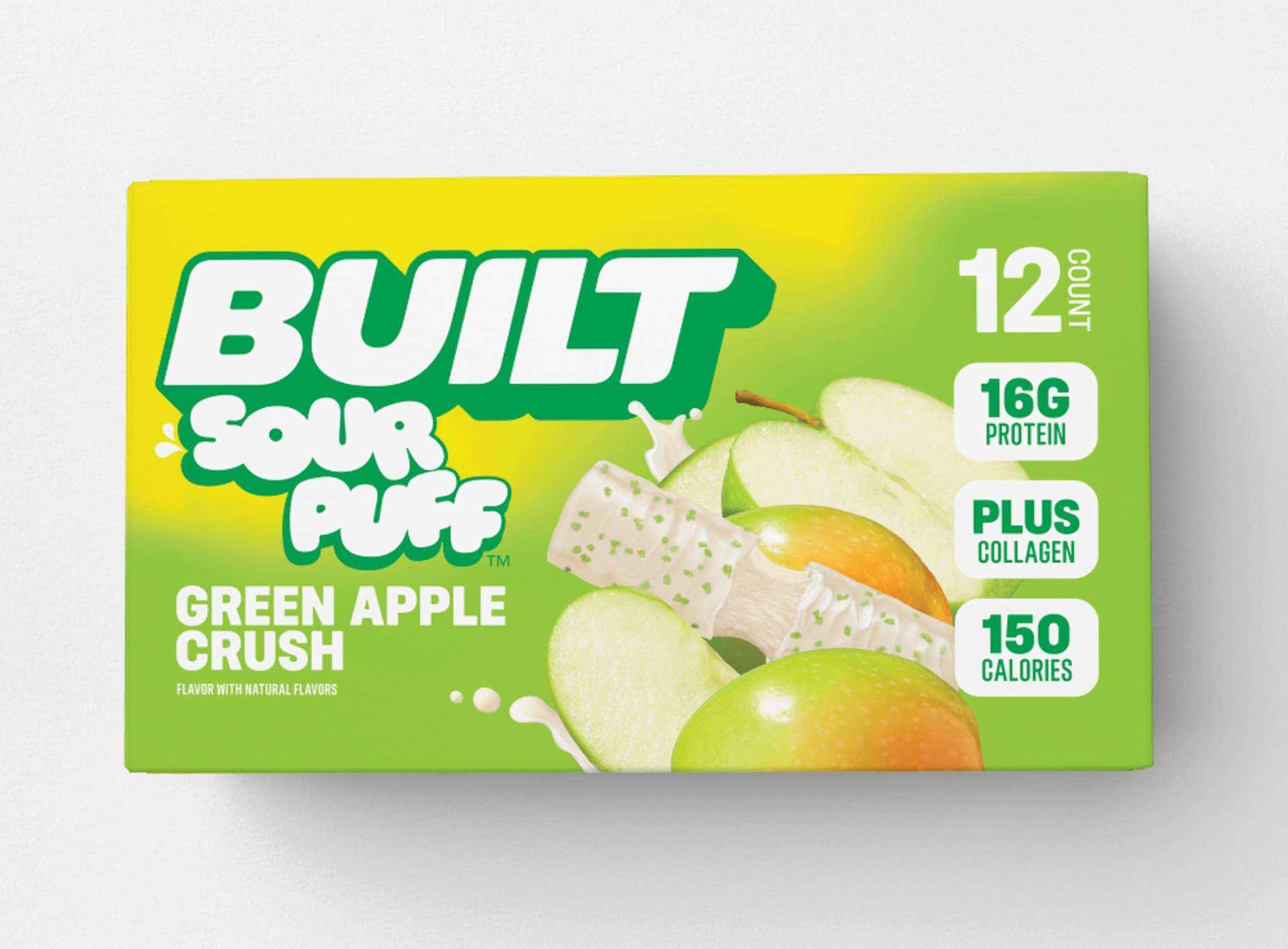 Built Puff Green Apple Crush protein bar with sour puff coating