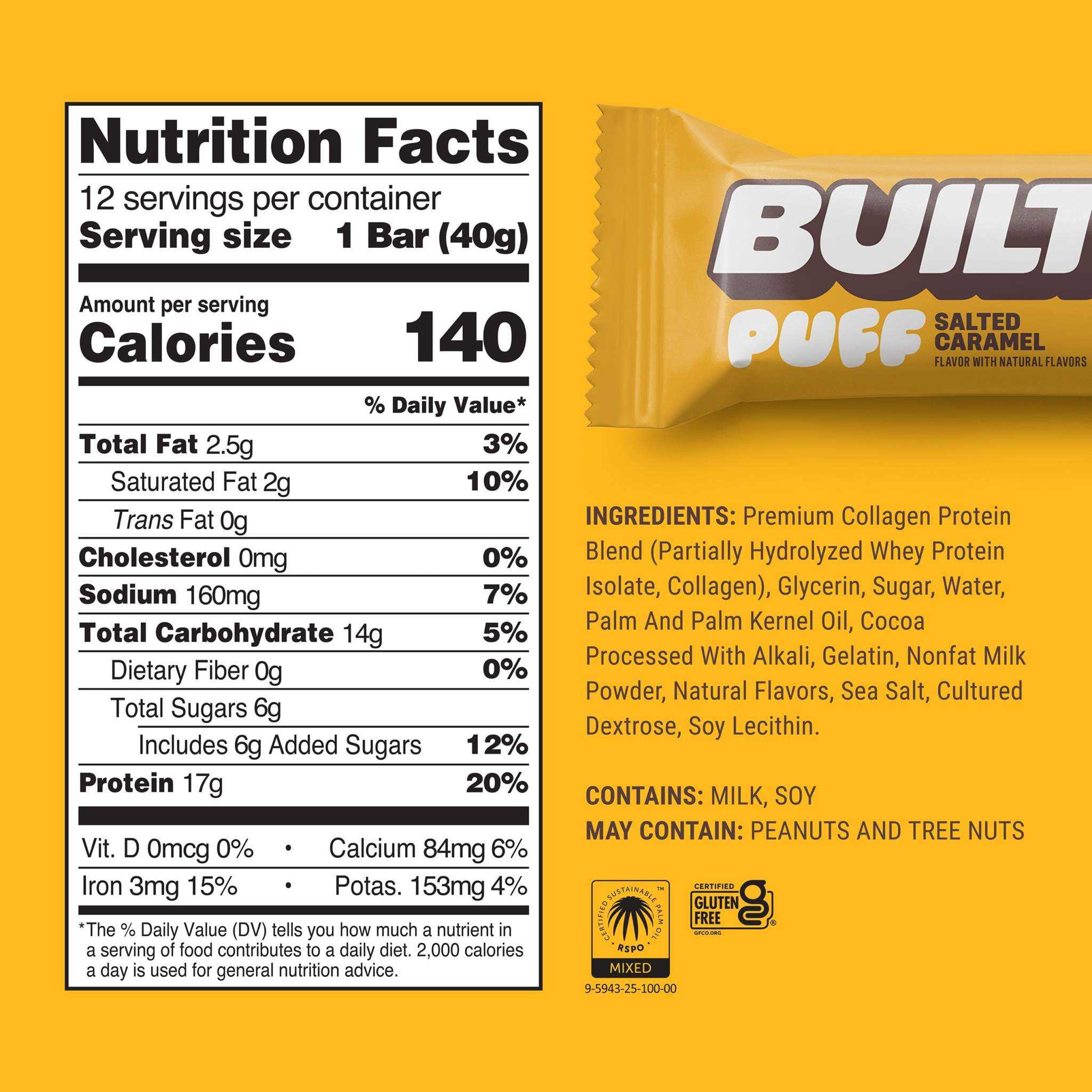 Built puff salted caramel protein bar with chocolate coating and sea salt