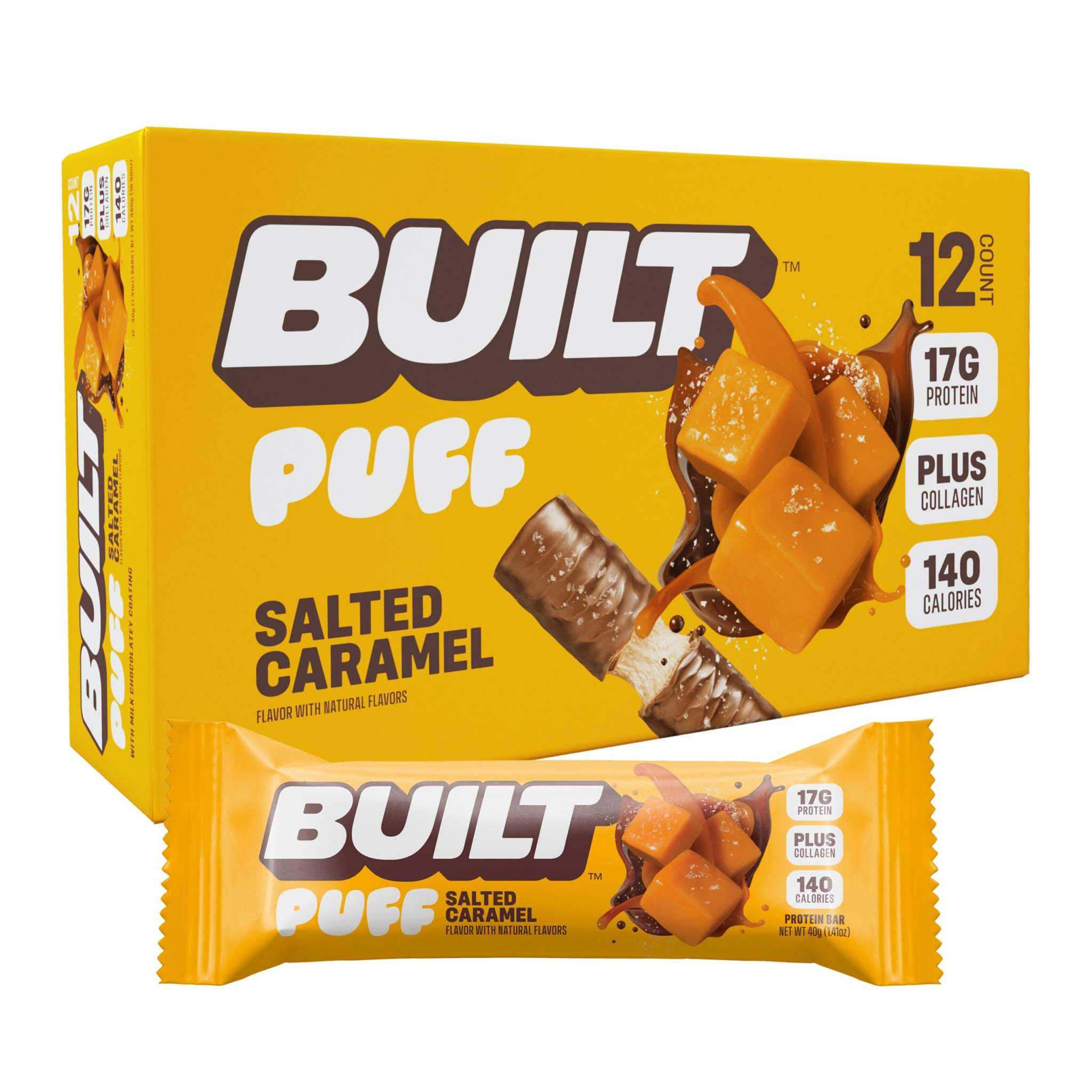 Built puff salted caramel protein bar with chocolate coating and sea salt