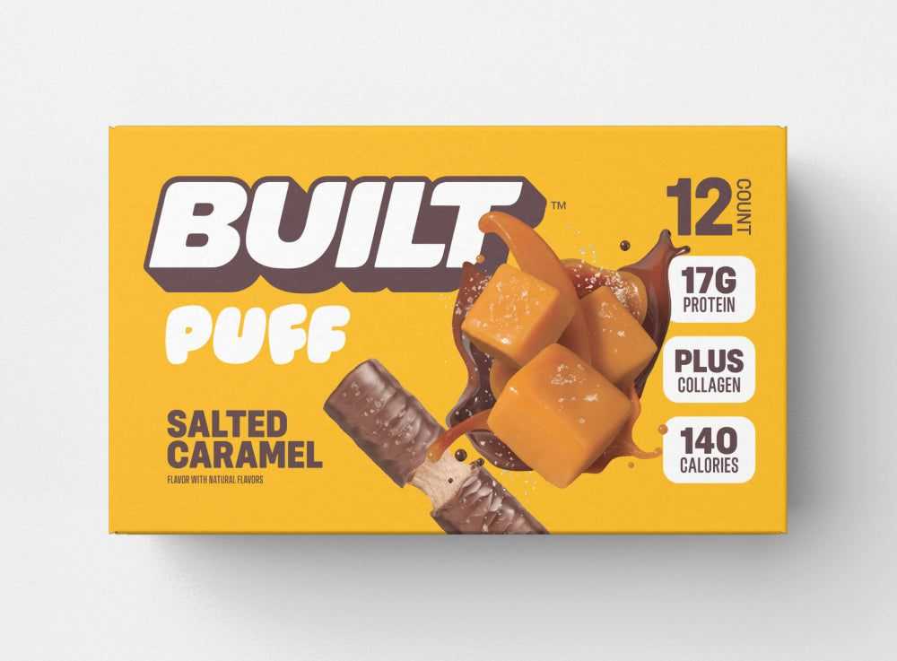 Box of 12 Built Puff Salted Caramel Protein Bars with chocolate coating and sea salt topping