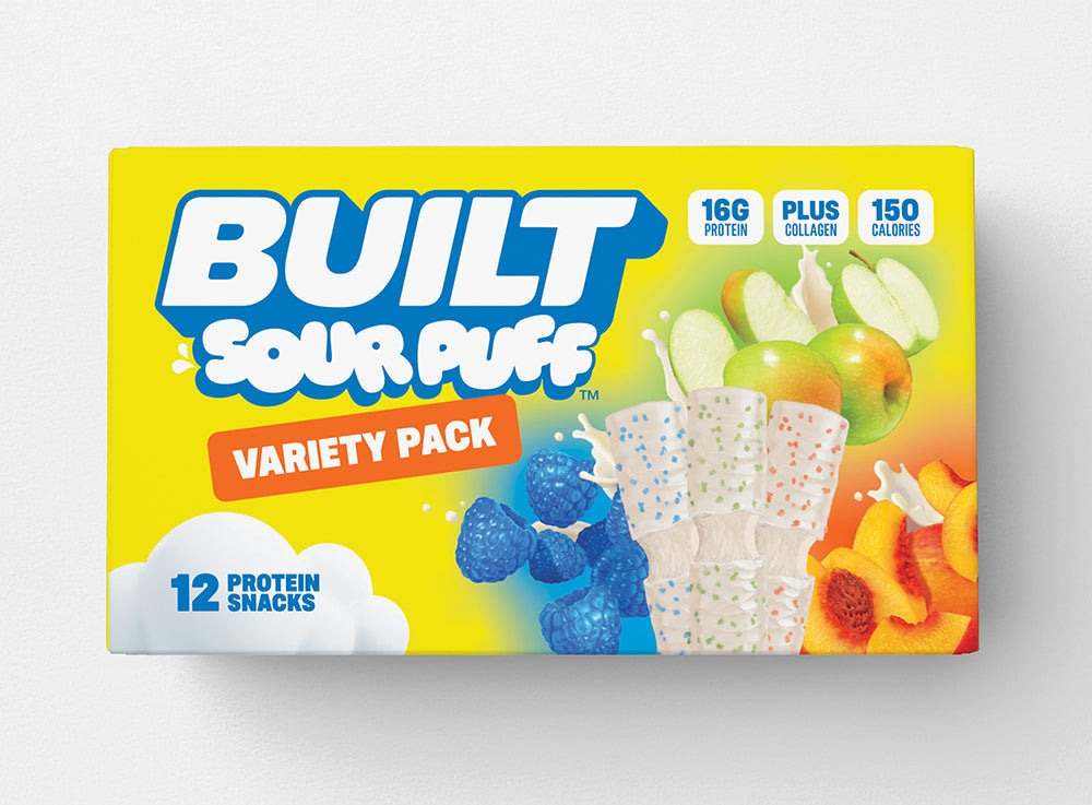 12ct built puff sour protein bar variety box with three flavors
