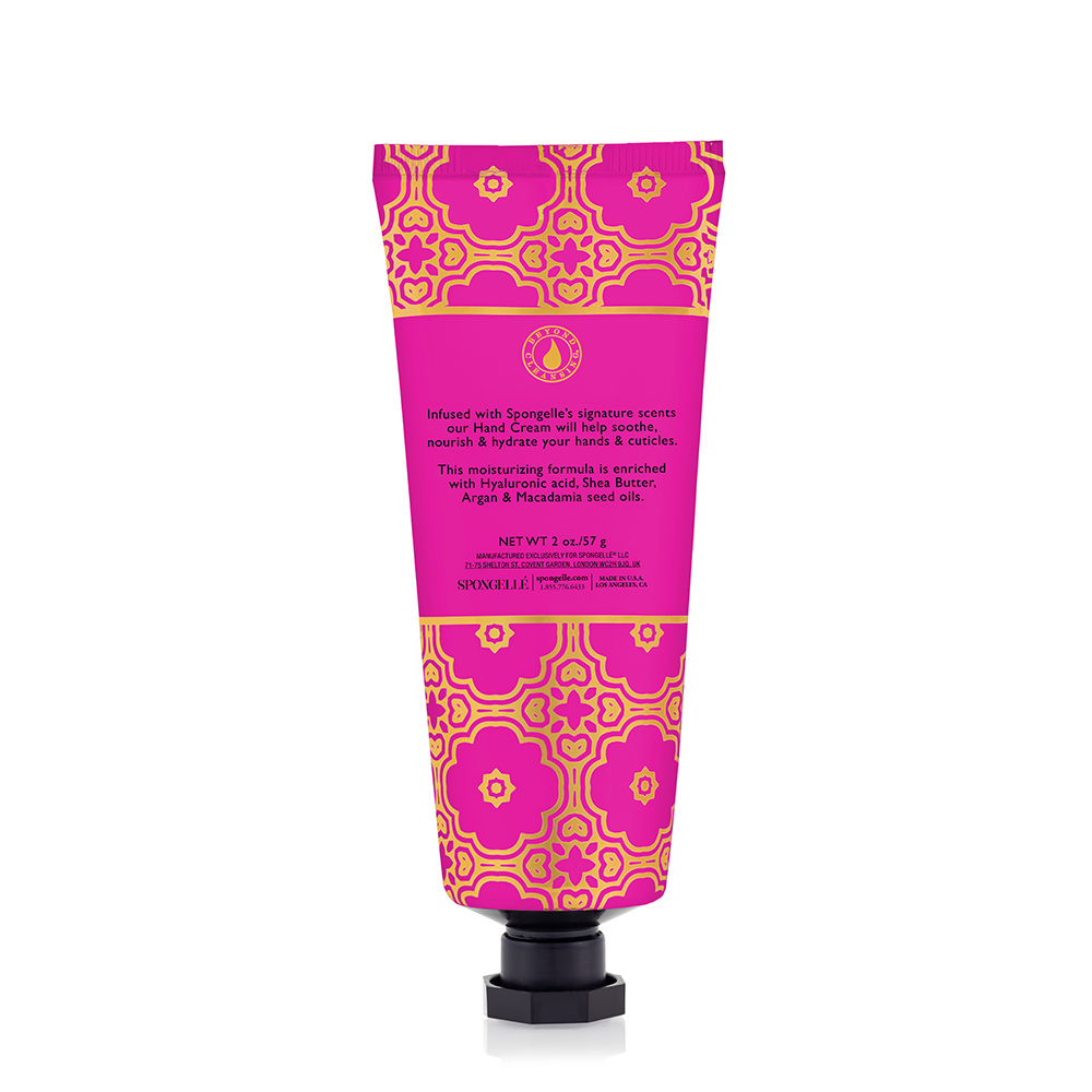 Hand cream, vibrant pink patterned tube with gold floral motifs and a black screw cap, Bulgarian Rose | Hand Cream