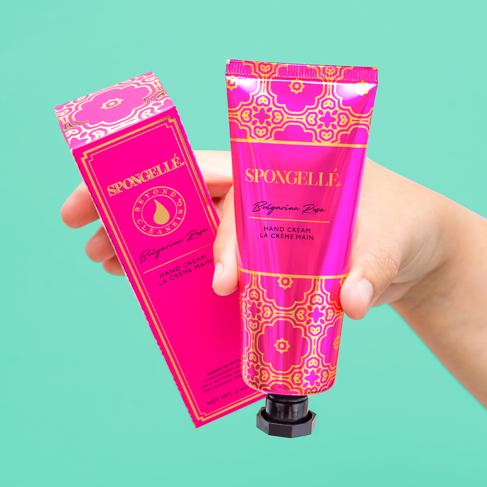 Bulgarian Rose | Hand Cream in bright pink packaging with ornate gold floral patterns and matching box